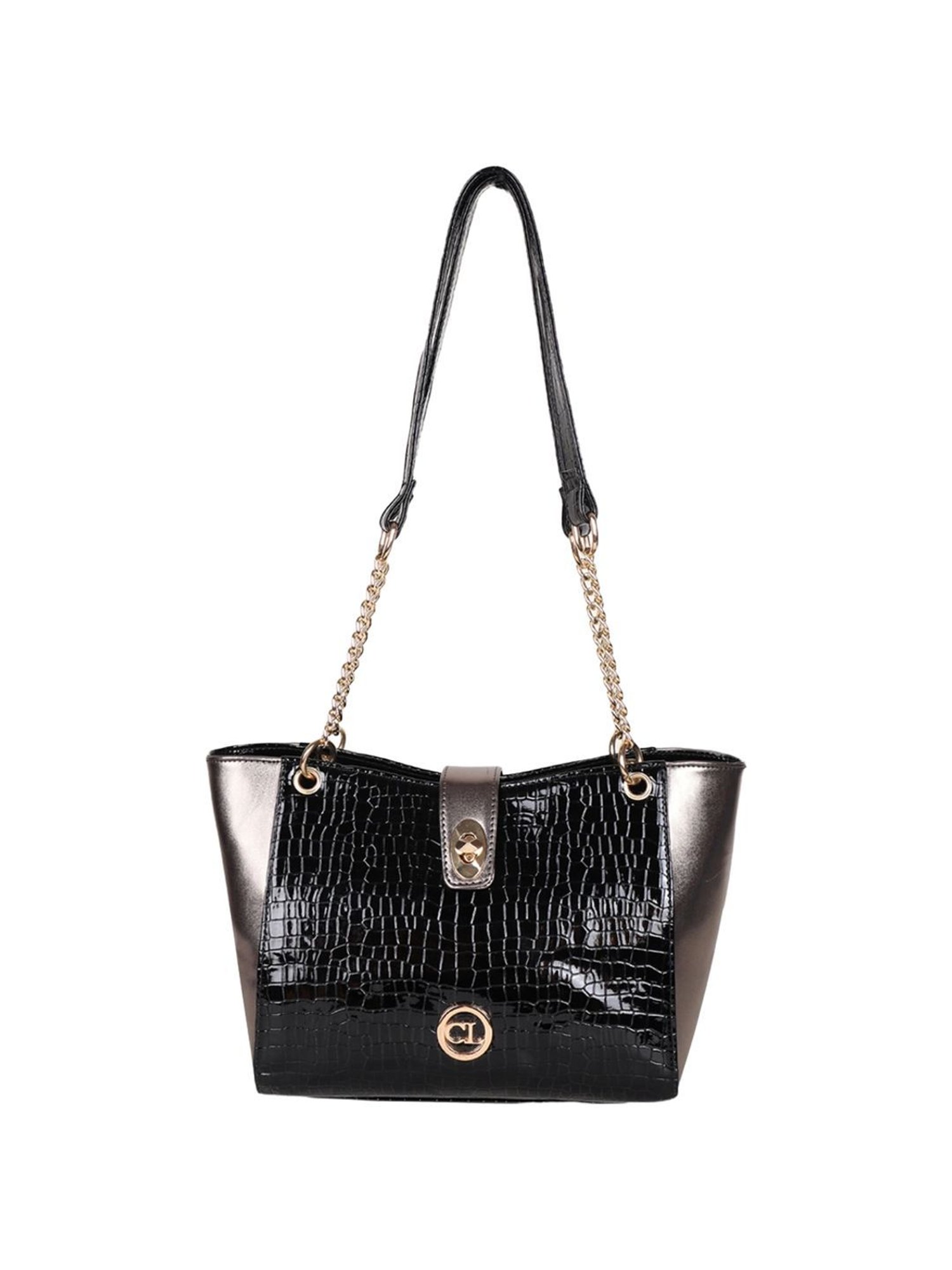 Carlton London Black Textured Medium Shoulder Handbag