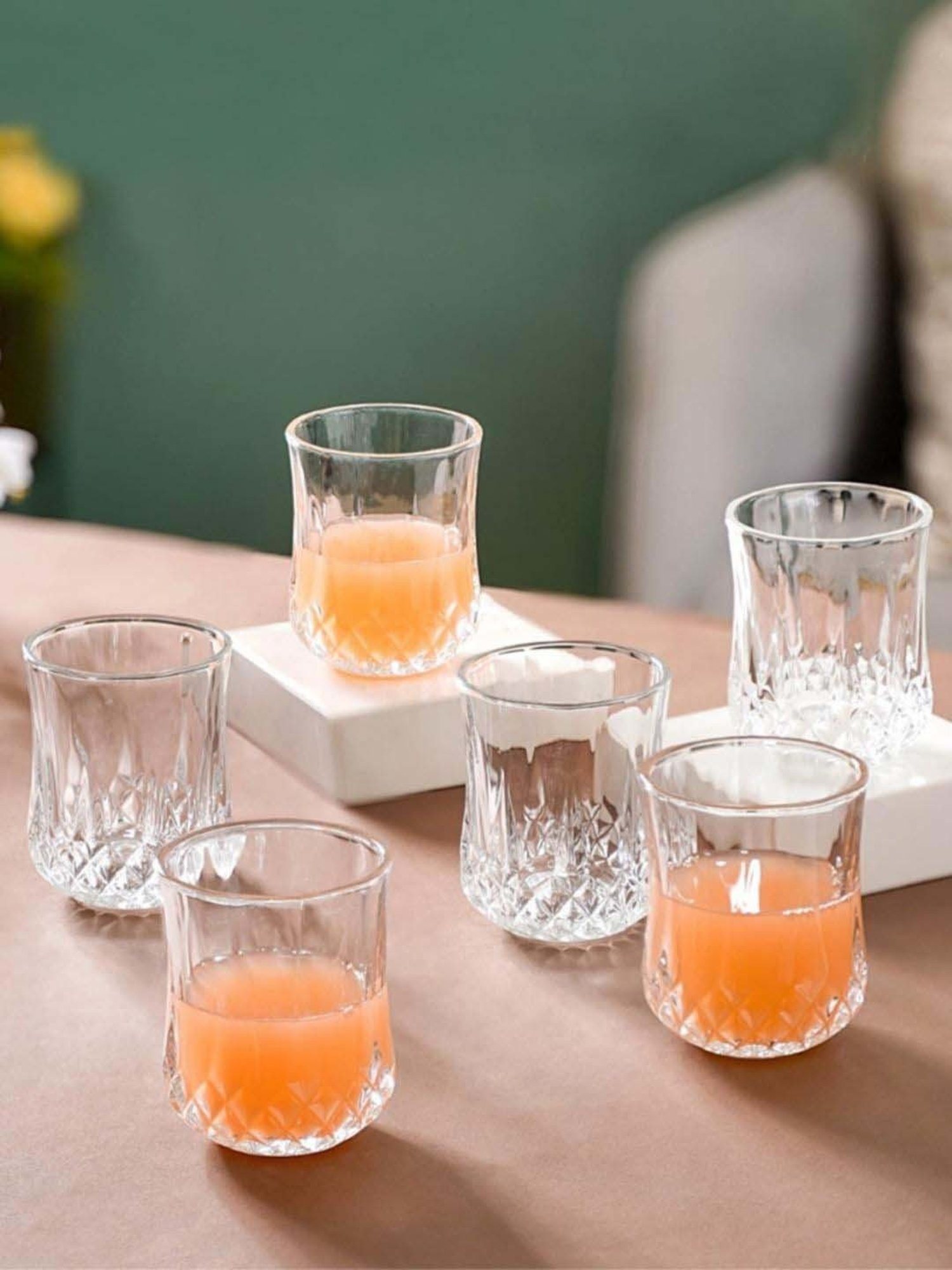 Nestasia Premium Quality Thick Walled Break Resistant Cut Glass Textured Glass Set Of 6, Each 200 ml