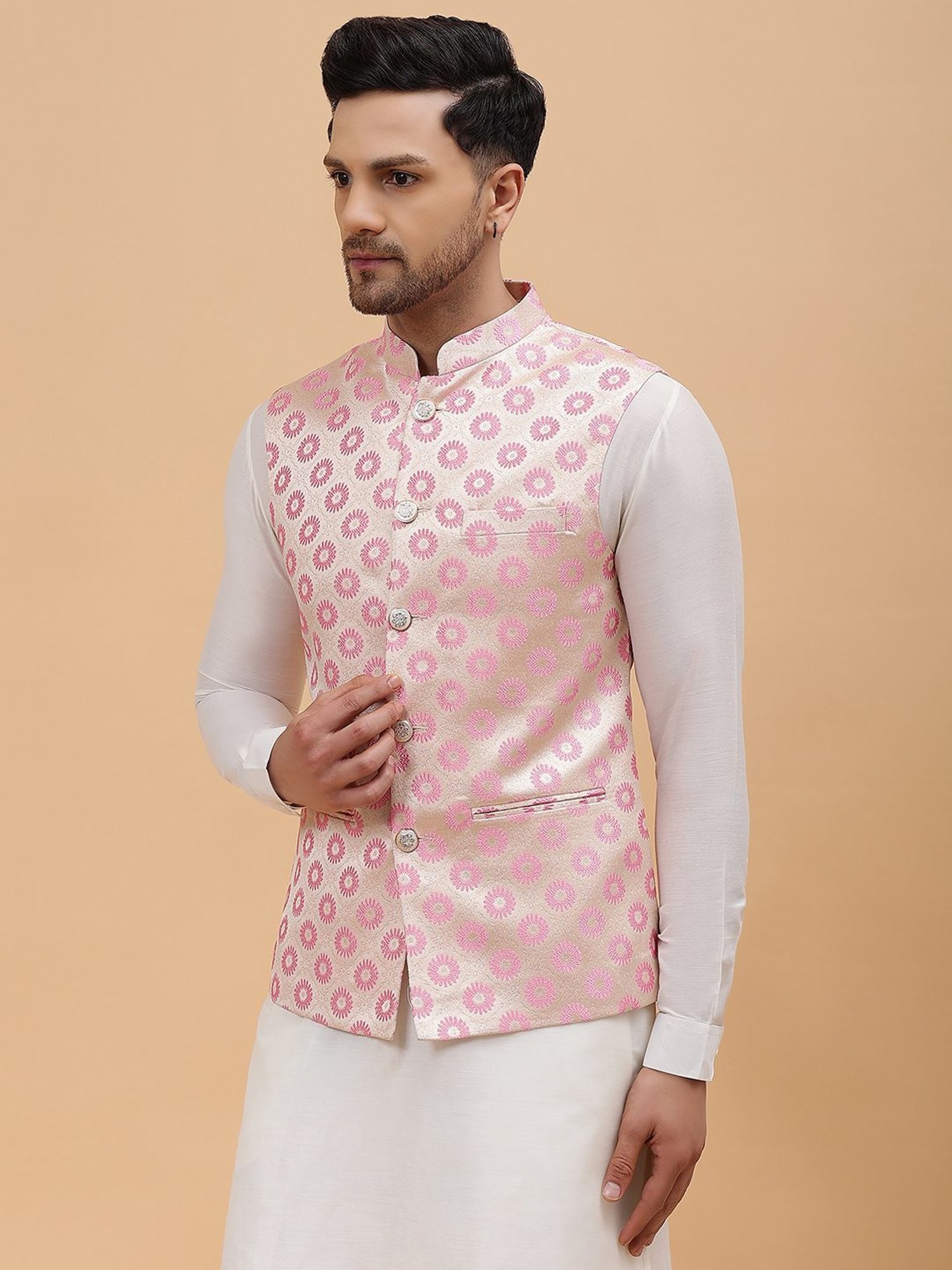 See Designs Gold & Pink Regular Fit Self Pattern Nehru Jacket