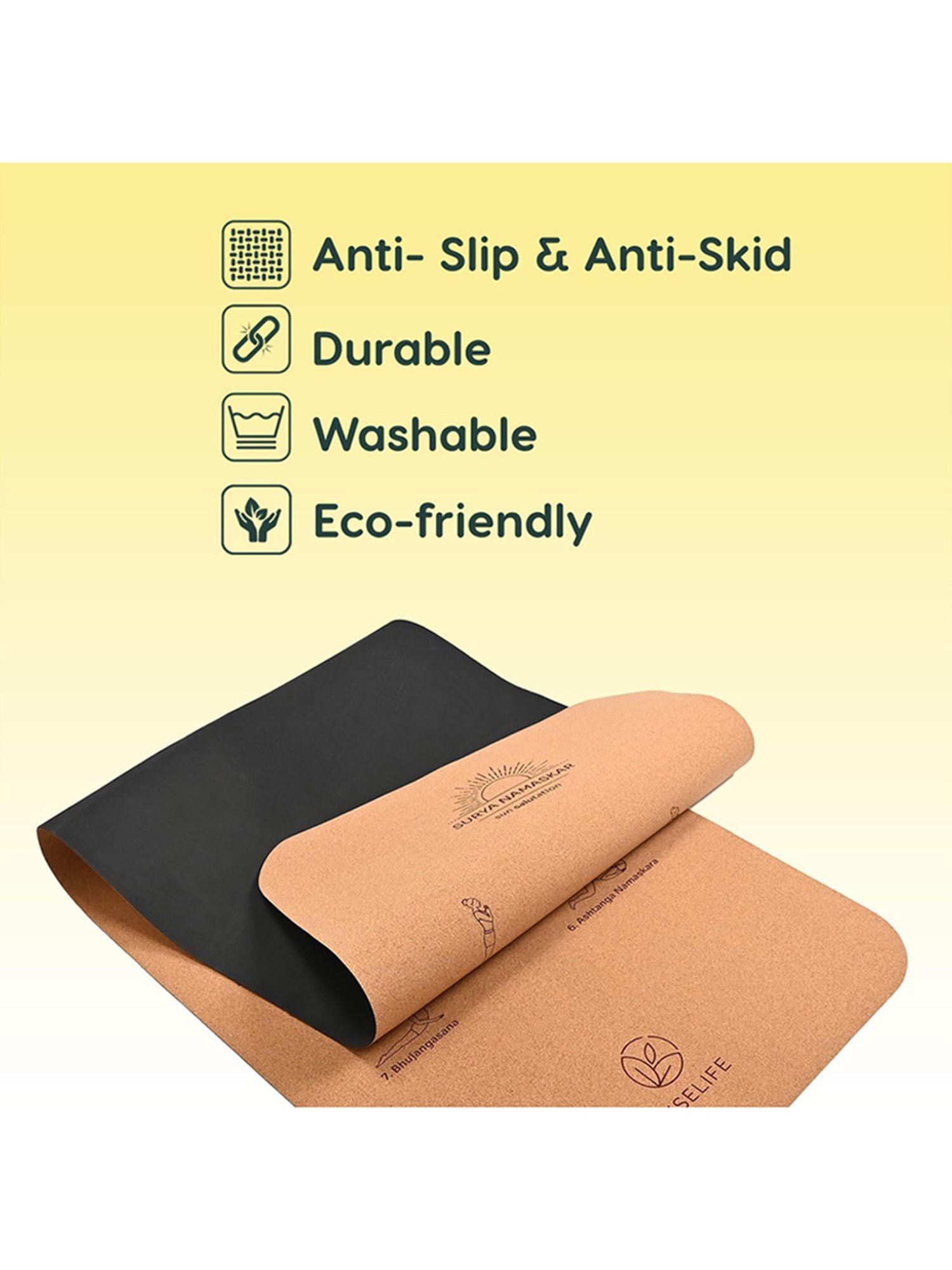 Wiselife Suede/Cork & Natural Rubber Yoga Mat + Carry Strap (Brown)