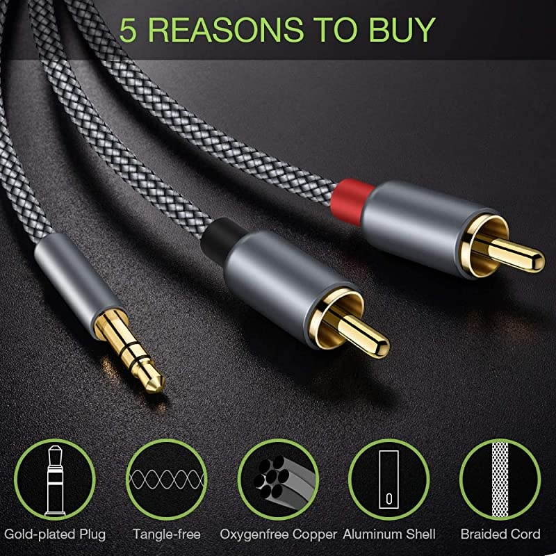 2 Pack RCA Cable  35mm Male to 2RCA Adapter Audio Cable 6 Feet HiFi Sound NylonBraided AUX Y Cord for Stereo Receiver Speaker Smartphone Tablet HDTV MP3 Player Echo Dot amp More