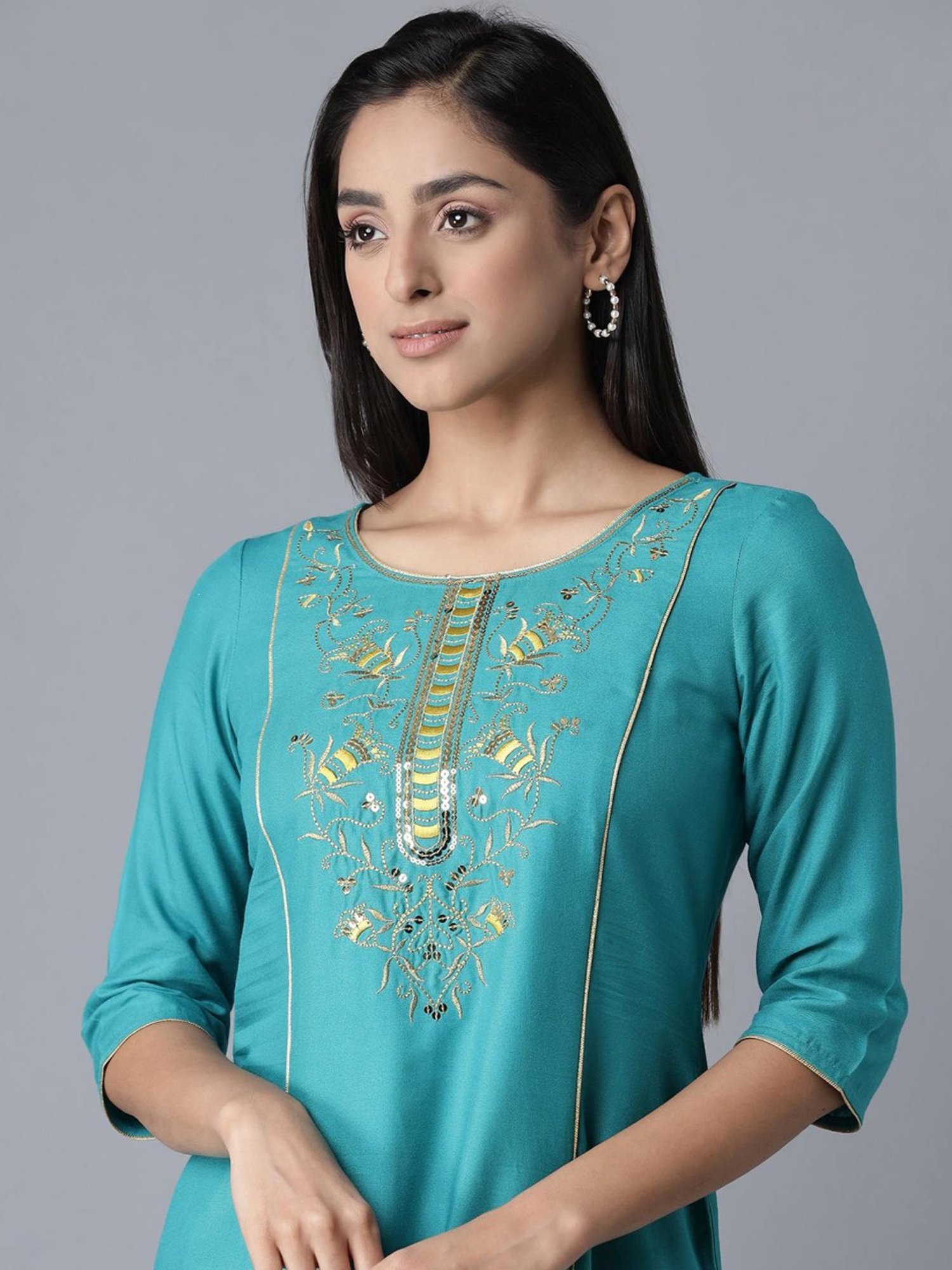 Aure by Aurelia Blue & Yellow Embroidered Kurta Palazzo Set