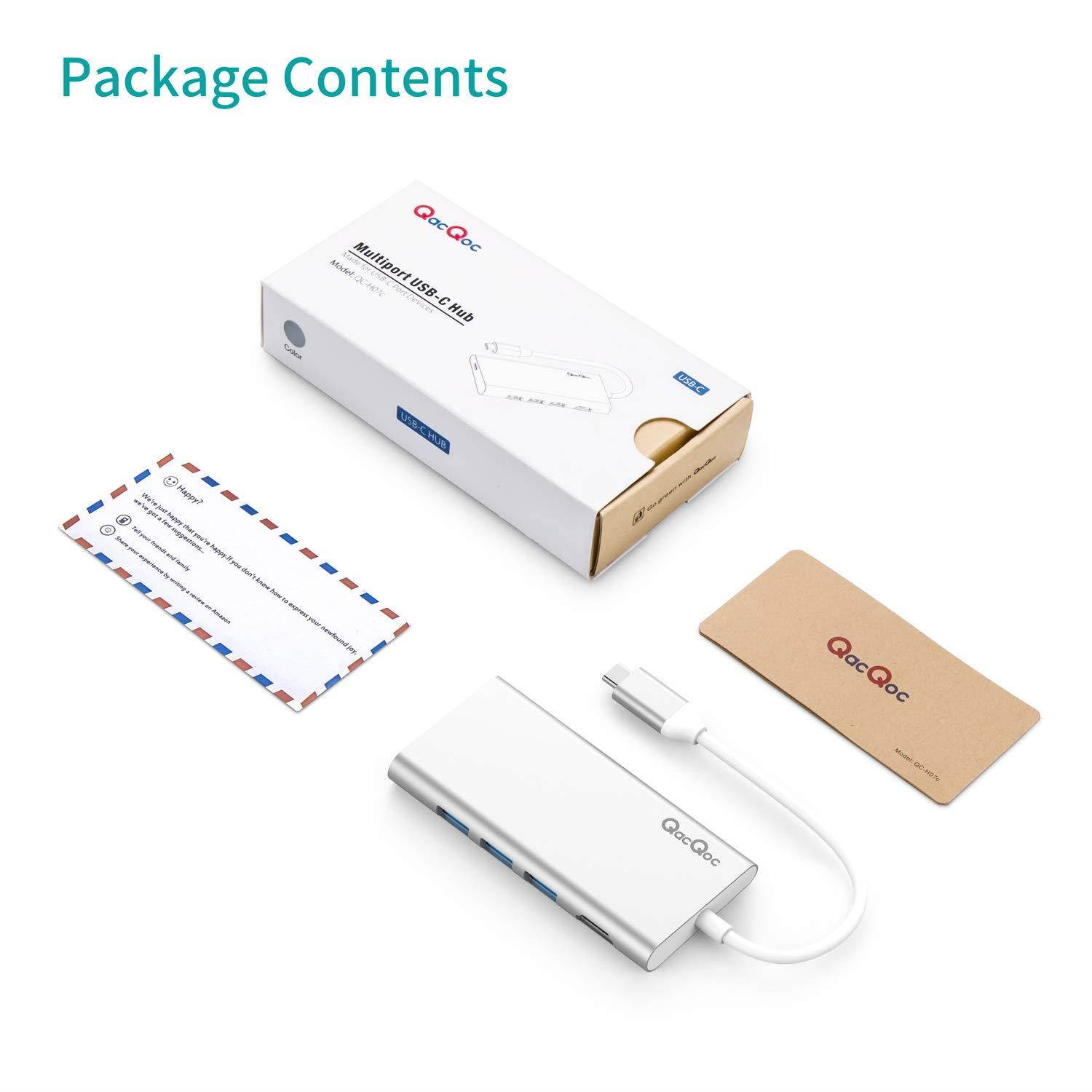 USB C Hub QacQoc 7-in-1 Type C Hub with PD Power Delivery, 4K USB C to HDMI, SD Card Reader, 3 USB 3.0 Ports for MacBook Pro and Type C Windows Laptops(Silver)