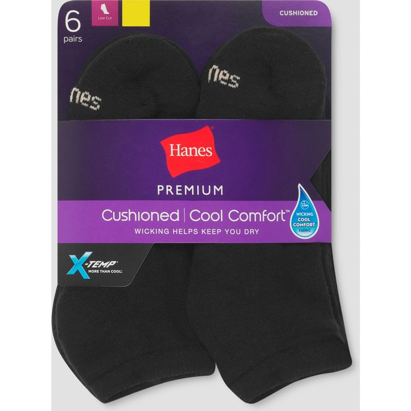 Hanes Premium 6 Pack Women's Cushioned Low Cut Socks - Black 8-12