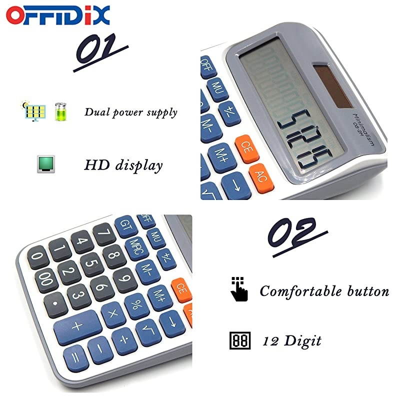 Office Calculators Desktop Calculator,Basic Calculators, Solar Battery Dual Power Electronic Calculator Portable 12 Digit Large LCD Display Calculator Large Calculator