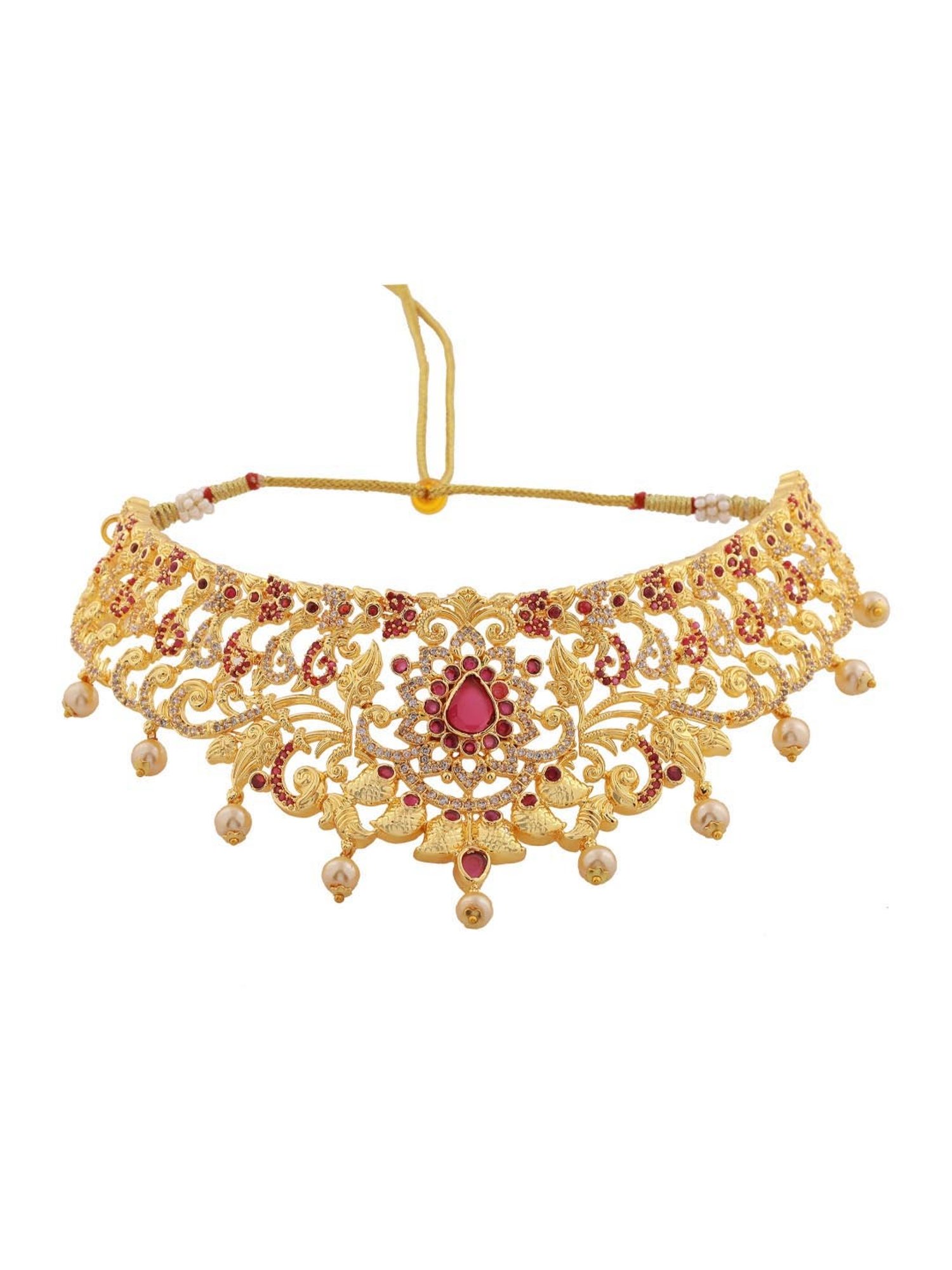 Estele Gold-Plated CZ Magnificent Bridal Choker Necklace Set with Pearls for Women