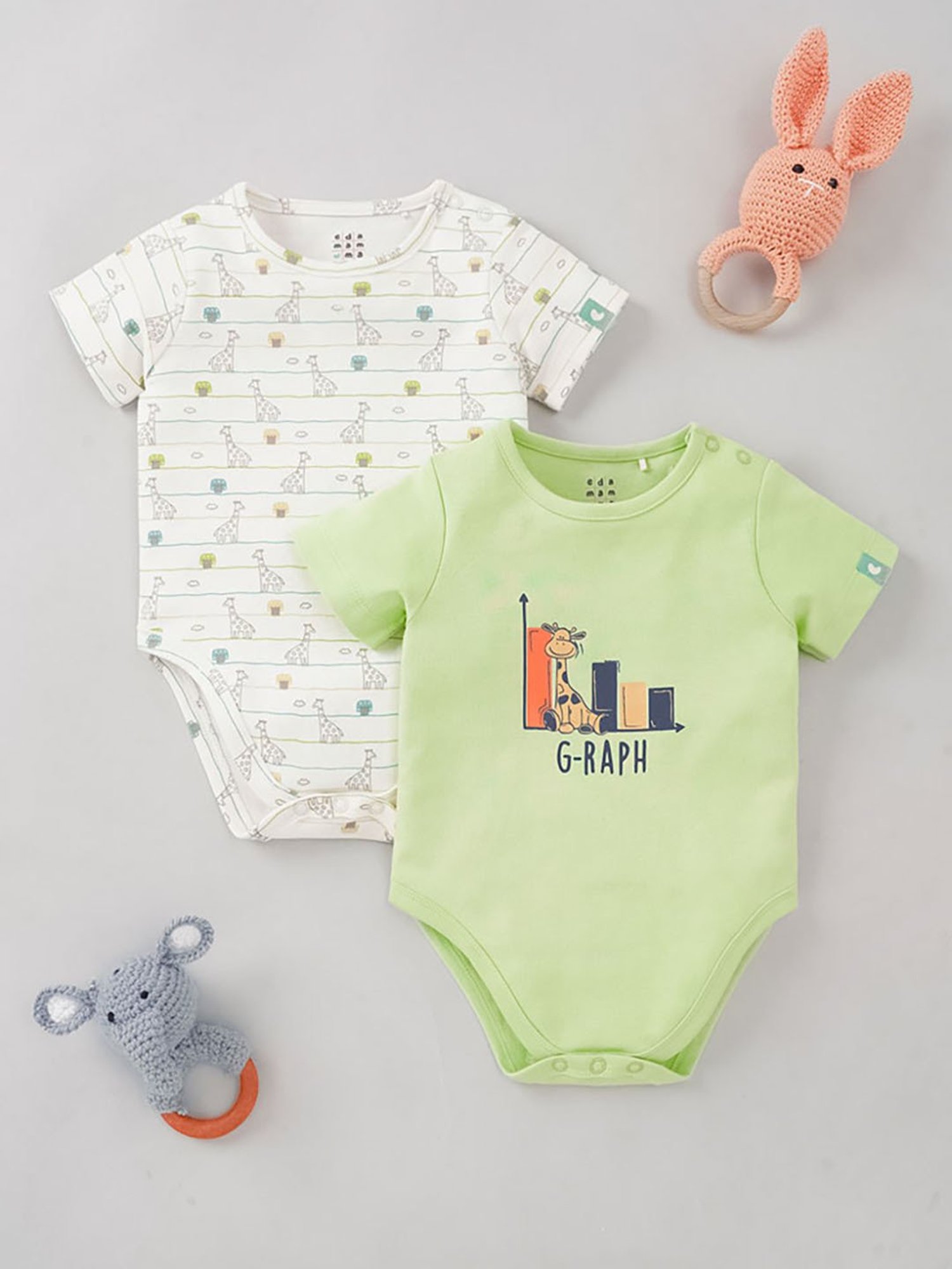 Ed-a-Mamma Baby White with Green Printed Bodysuit (Pack Of 2)