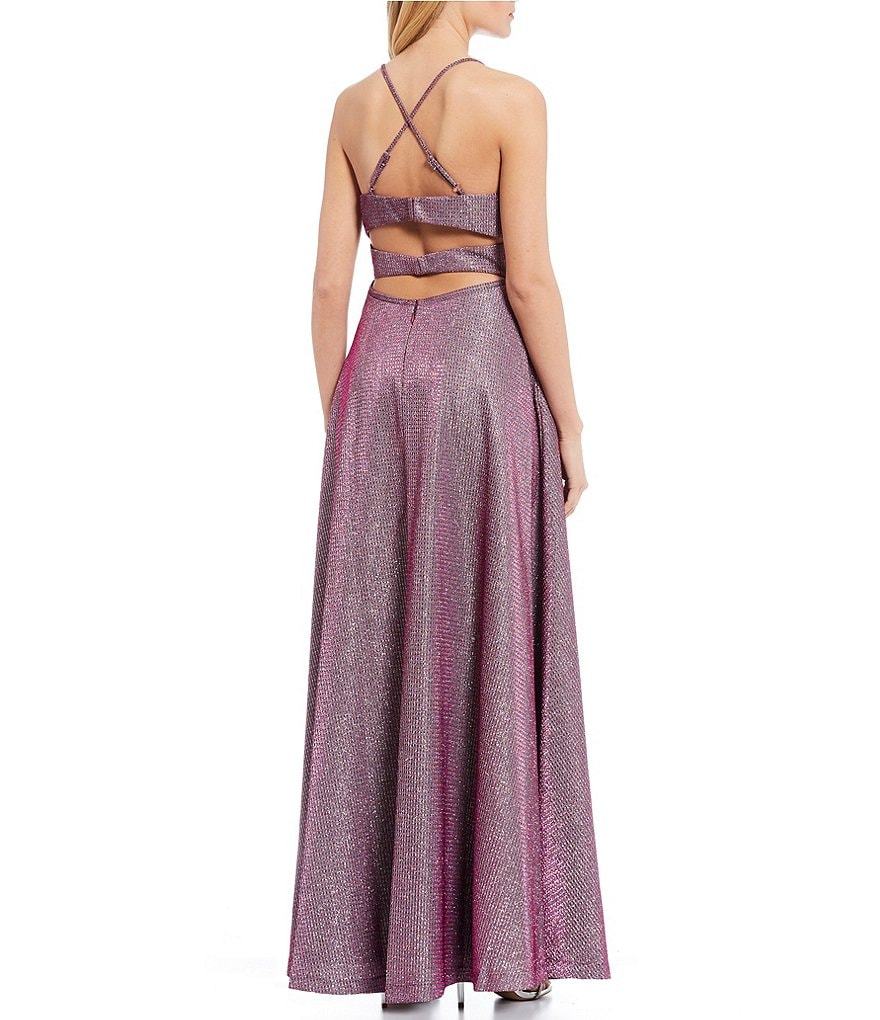 Morgan & Co. Spaghetti Strap Square-Neck Shimmer Ball Gown