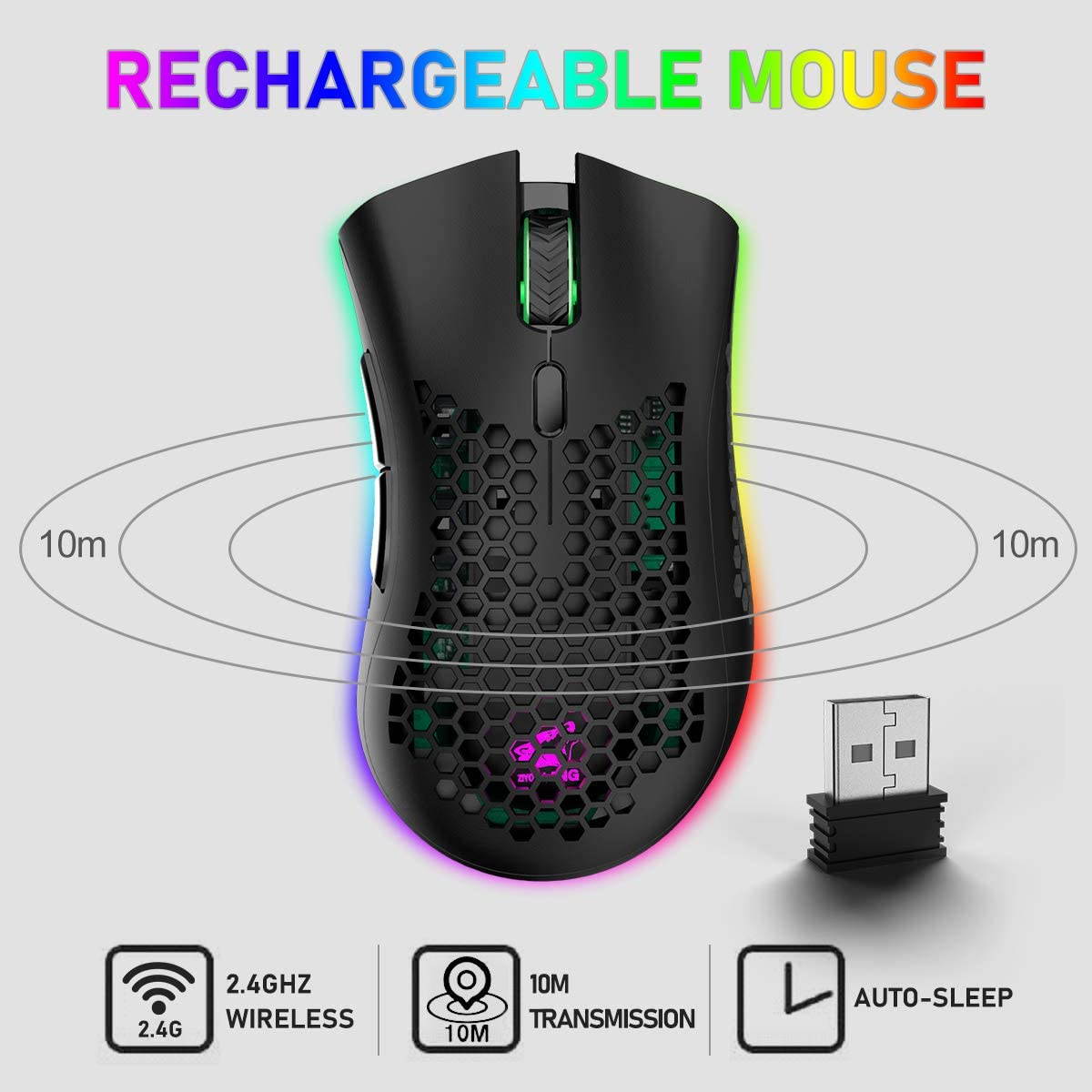 Wireless Lightweight Gaming Mouse Honeycomb with 7 Button Multi RGB Backlit Perforated Ergonomic Shell Optical Sensor Adjustable DPI Rechargeable 800 mAh Battery USB Receiver for PC Mac Gamer