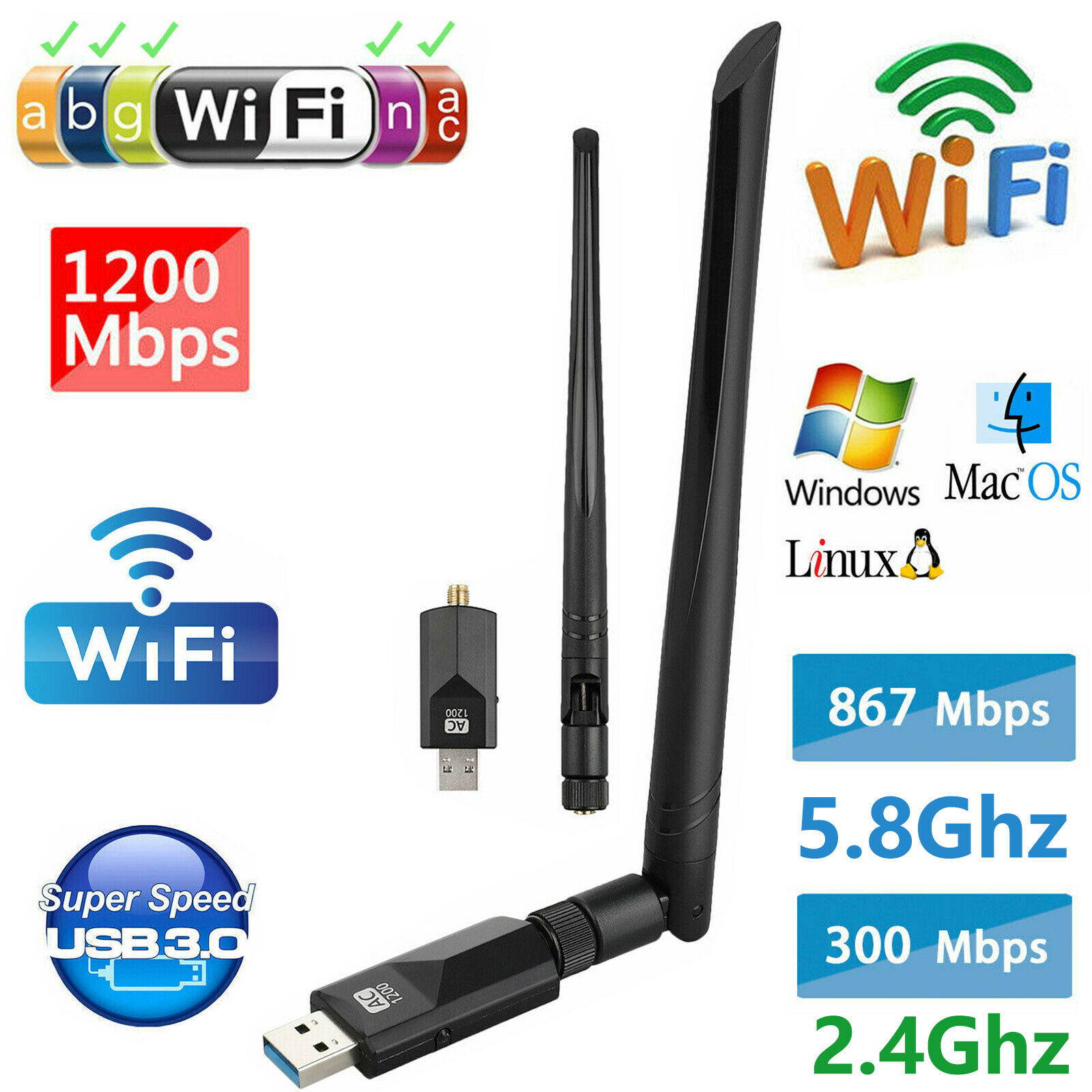 1200Mbps Dual Band Wireless USB 3.0 WiFi Adapter Network LAN w/Antenna 802.11AC