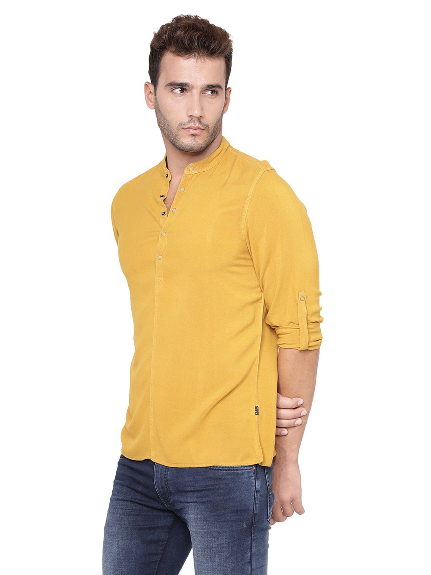 Identiti Mustard Full Sleeves Solid Slim Fit Short Kurta