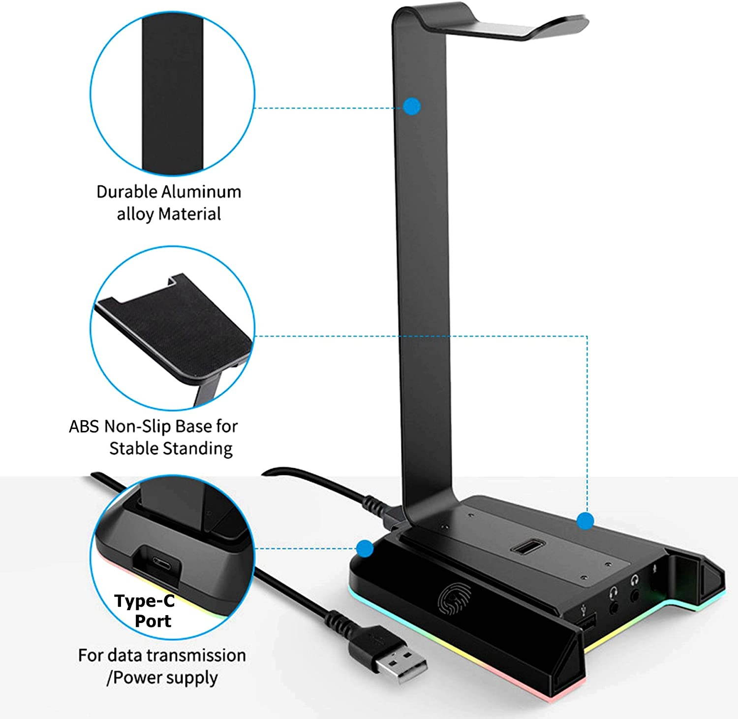 Gaming Headphone Headset Stand, Aluminum RGB Headset Headphone Stand Holder with USB Charger 7.1 Surround Sound and 3.5mm Port Fit for Gamers Gifts Desk Gaming Accessories