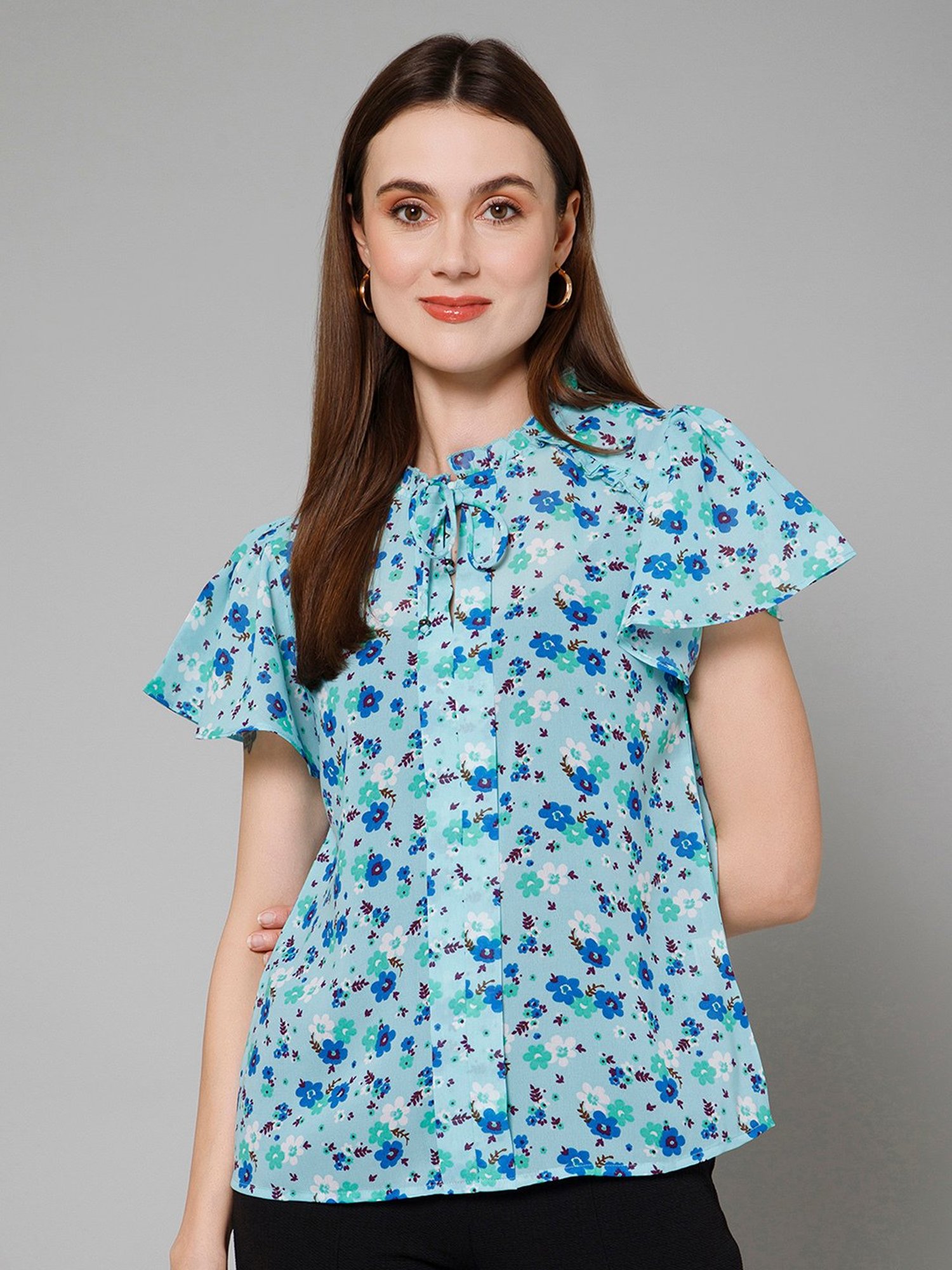 PURYS Blue Floral Print Top