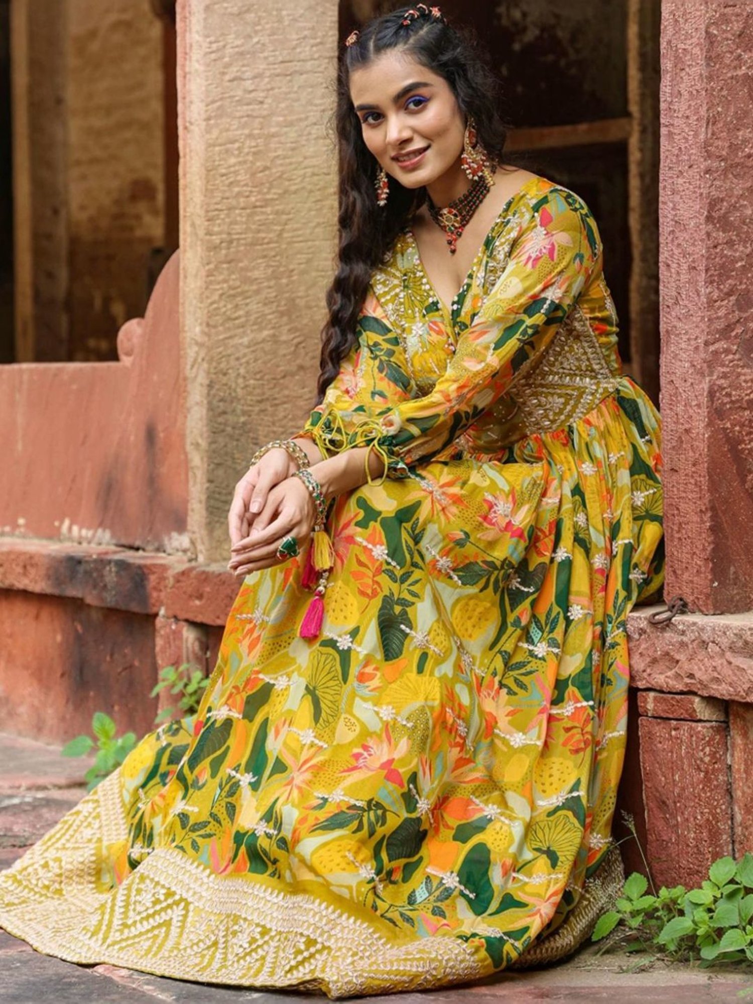SCAKHI Lime Green Organza Floral Print & Gota Work Gathered Angrakha Gown