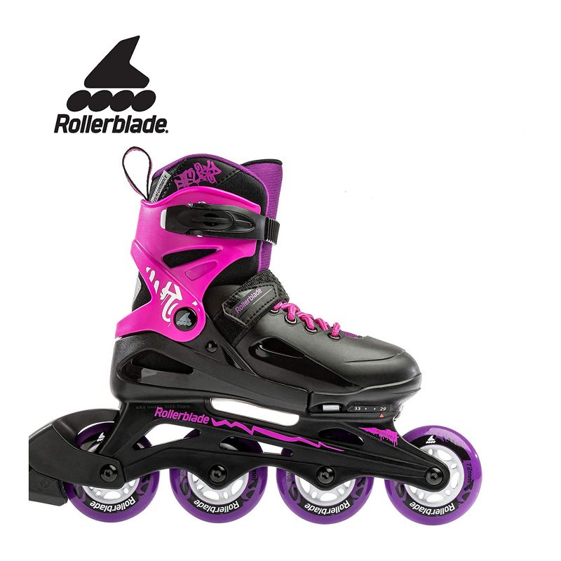 Rollerblade Fury G Inline Adjustable Secure Cuff Buckle and Power Strap Outdoor Roller Skates for Kids, Size 12 thru 1, Black and Pink