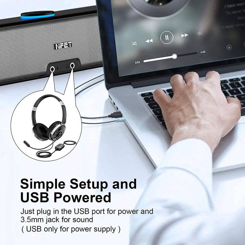 Computer Speaker, PC Wired Desktop Sound Bar with LED Lights, Stereo Sound USB Powered for Desktop, Laptop, Mac, iMac, Tablets and More (Black)