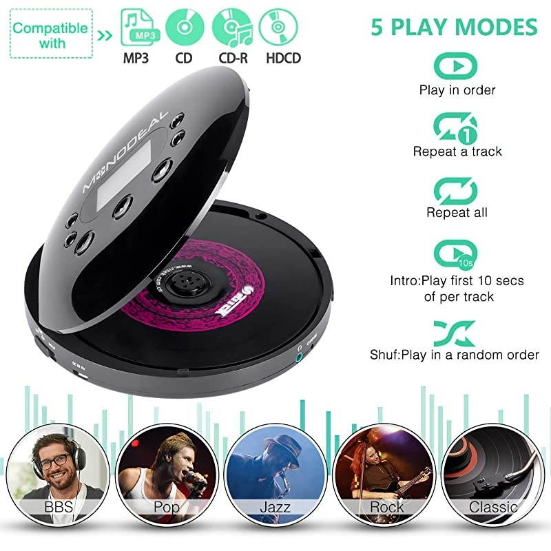 Portable CD Player,  Rechargeable Personal Compact Disc CD Player with Headphones, Anti-Skip Small Walkman Music CD Player for Cars Adults Kids Students (with Larger LCD Display)