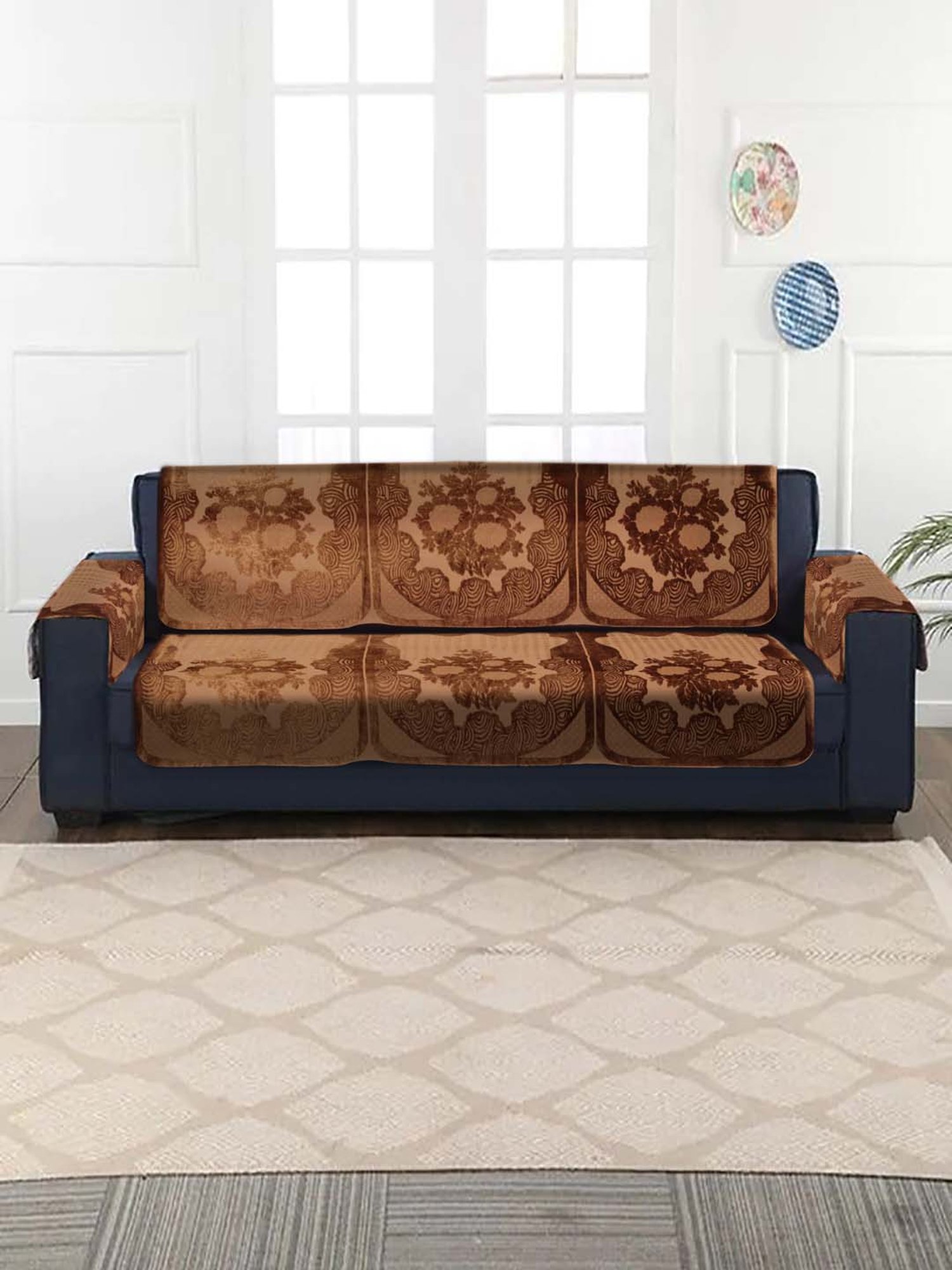HOSTA HOMES Light Brown Polyester Sofa Cover With Arm Rest - Set of 16