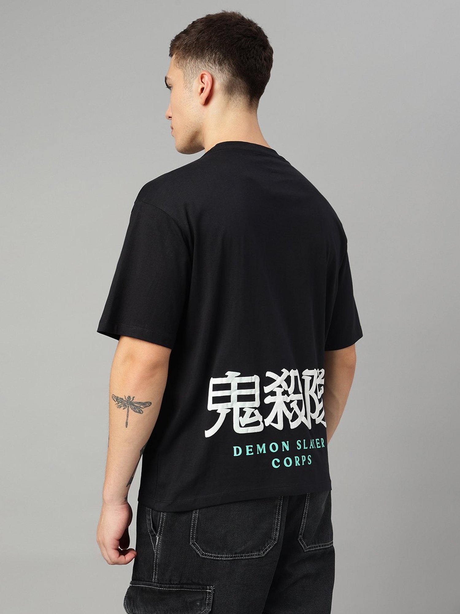 Free Authority Black Loose Fit Demon Slayer Print T-Shirt