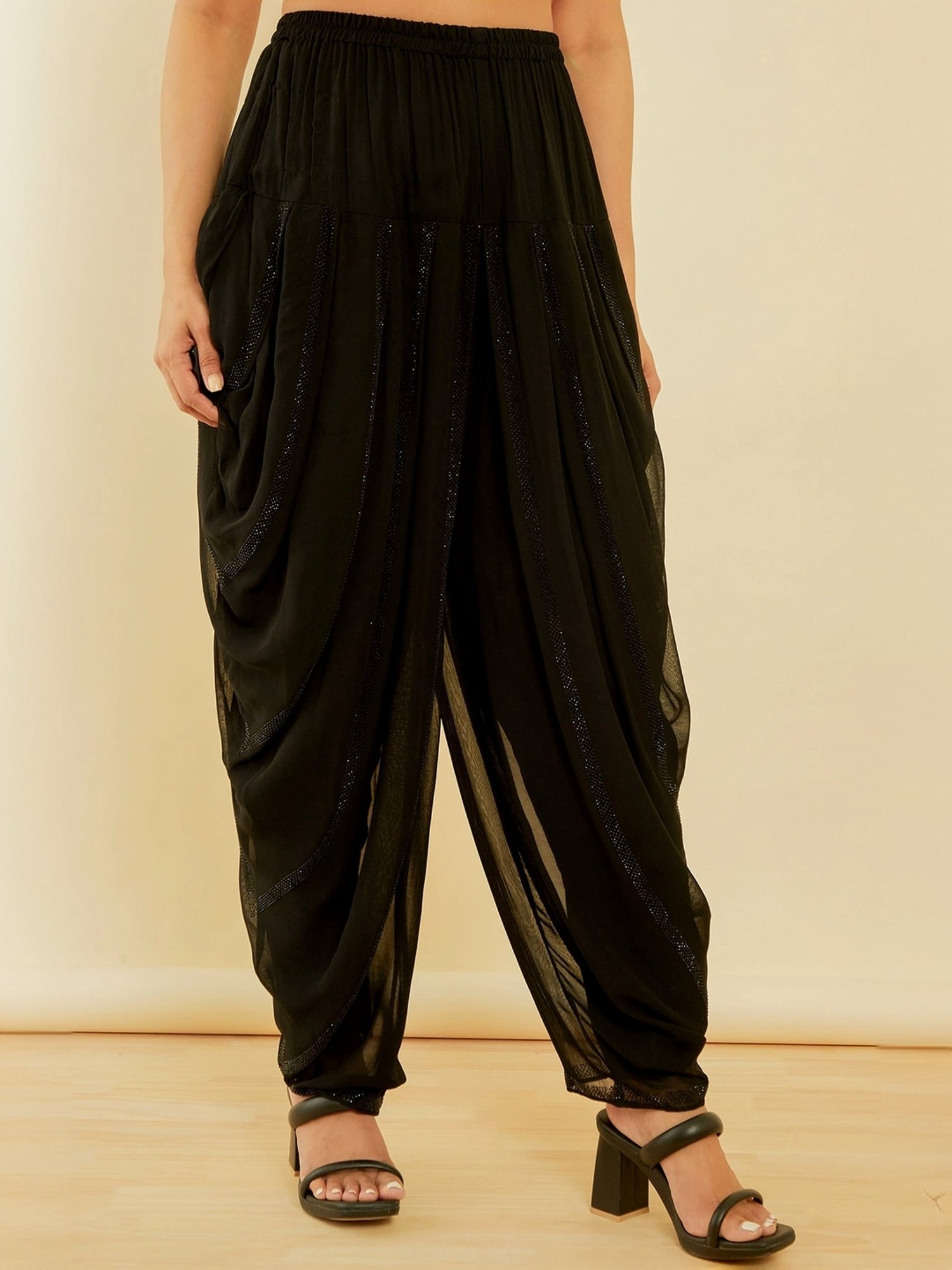 Soch Coal Black Embellished Kurti Dhoti Pant Set With Dupatta