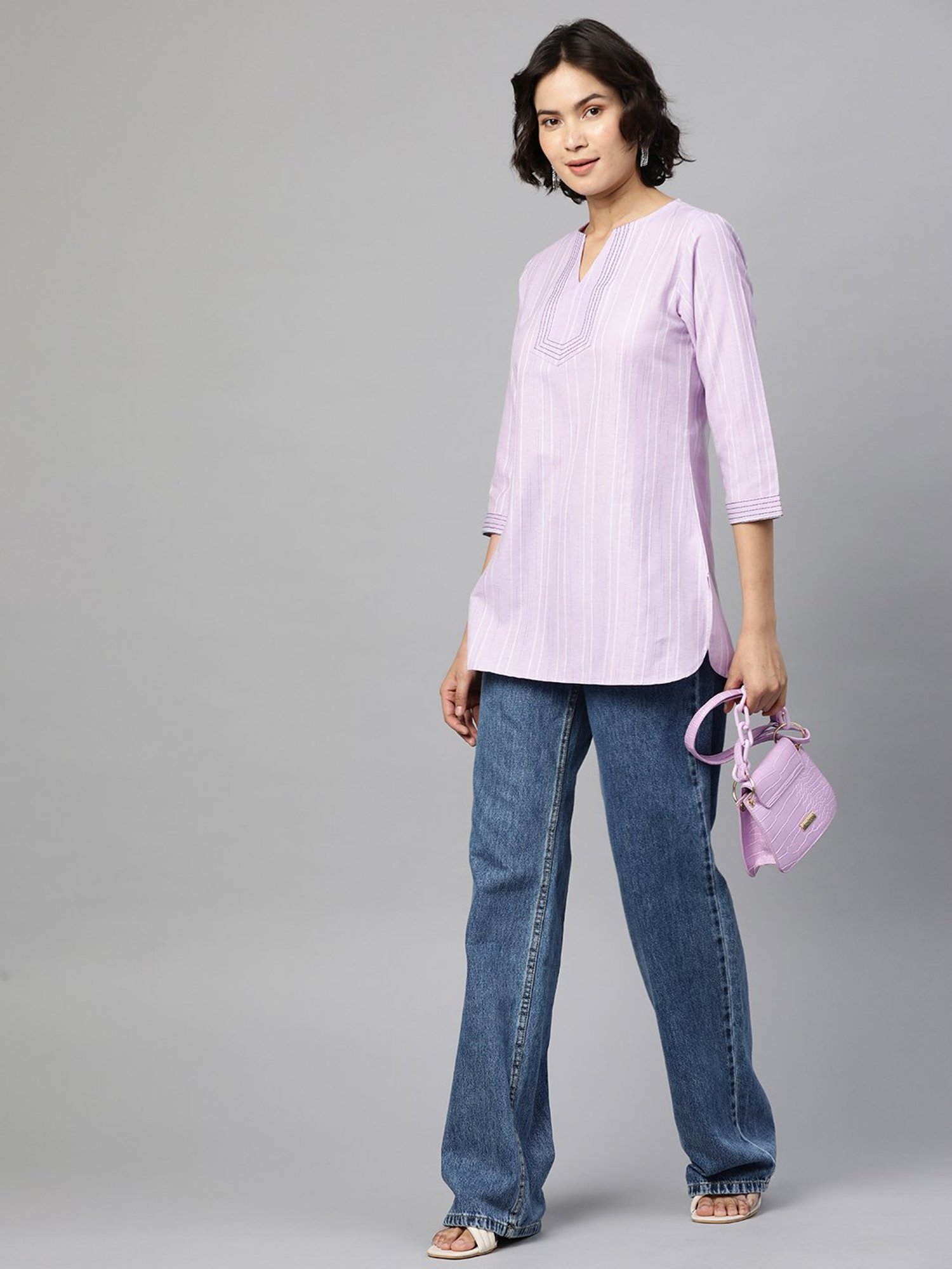 Cottinfab Lavender Self Design Ethnic Cotton Top