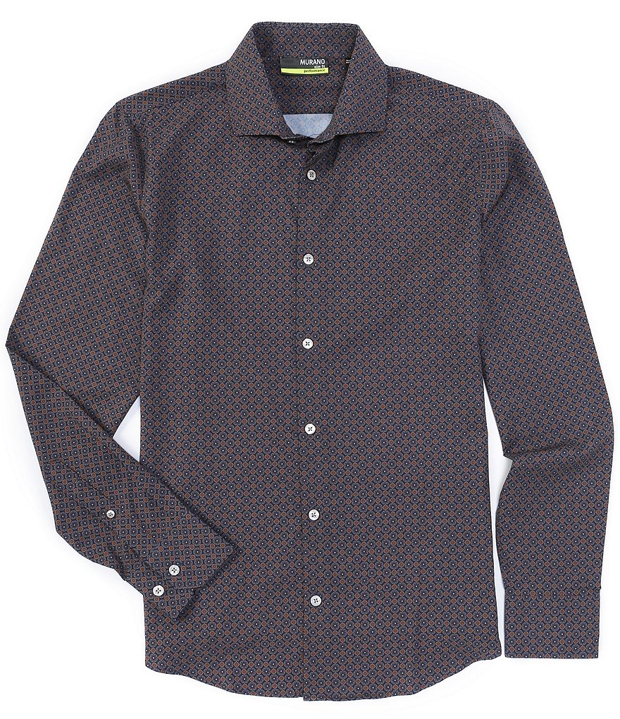 Murano Slim-Fit Printed Performance Stretch Brown Long-Sleeve Woven Shirt