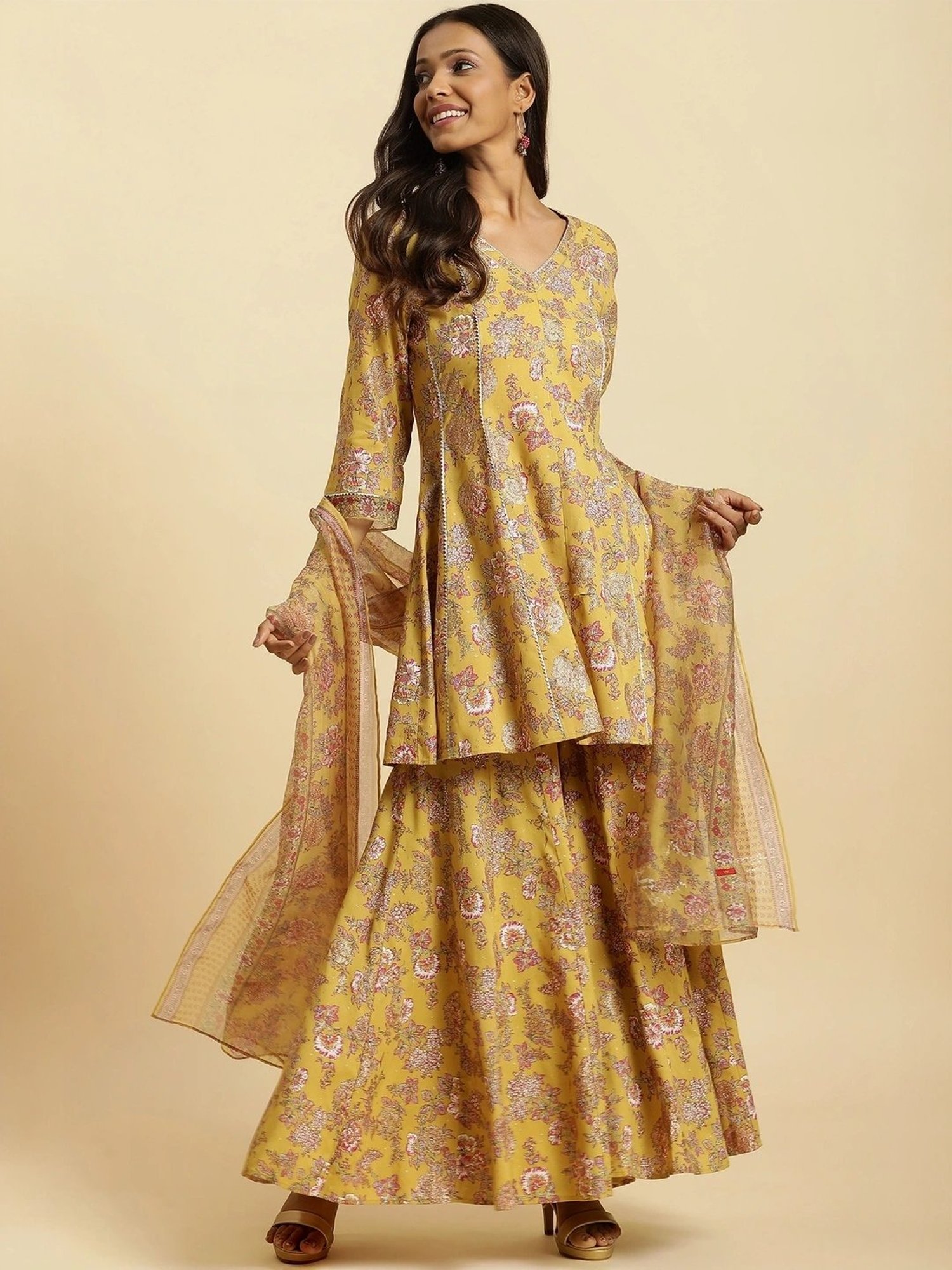 W Yellow Printed Kurti Sharara Set With Dupatta