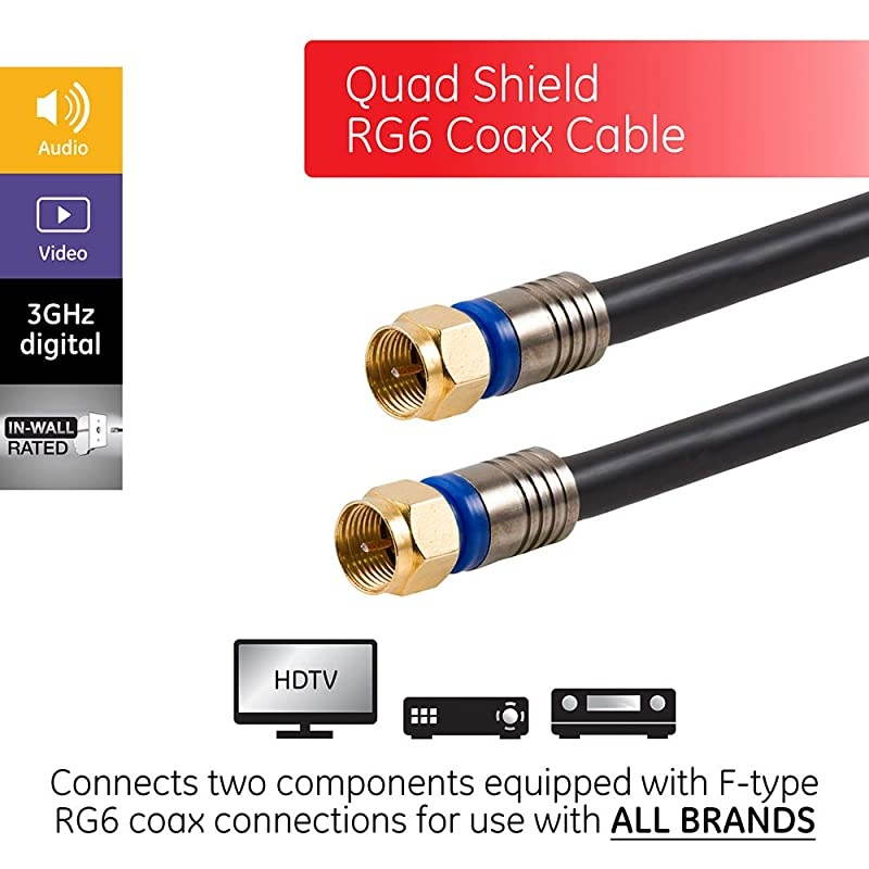 RG6 Coaxial Cable 100 ft FType Connectors Quad Shielded Coax Cable 3 GHz Digital InWall Rated Ideal for TV Antenna DVR VCR Satellite Cable Box Home Theater Black 34842