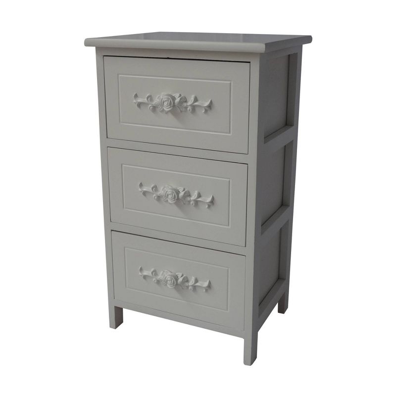 24.41" 3 Drawer Wooden Storage Cabinet with Engraved Floral Details Heathered White - The Urban Port