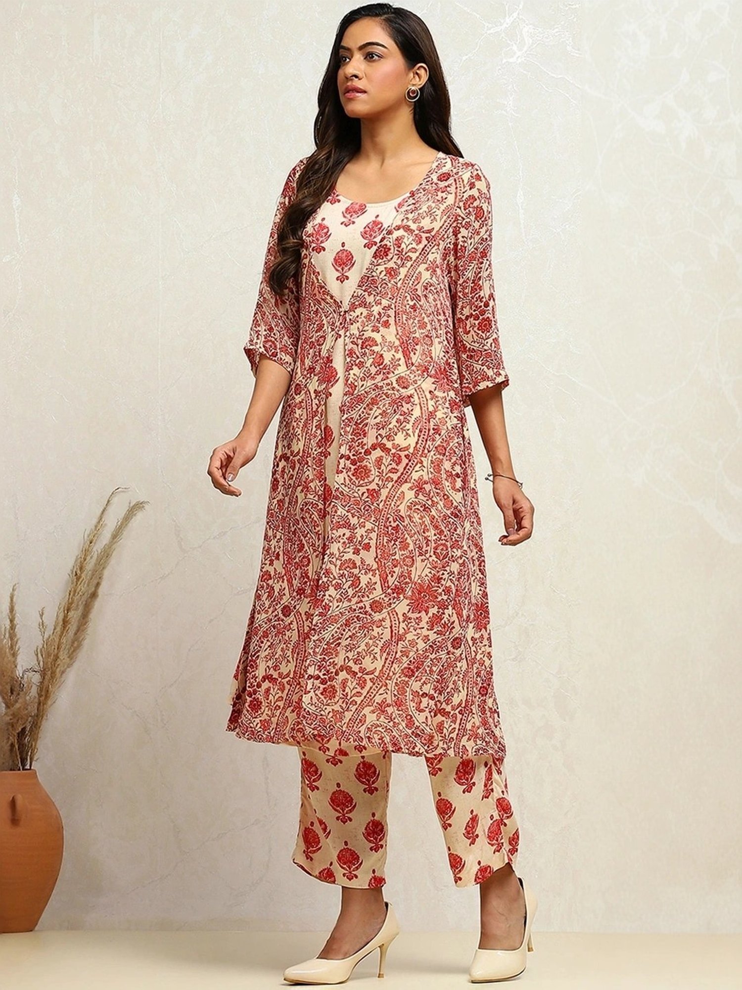 Biba Cream Printed Kurta Palazzo Set With Shrug