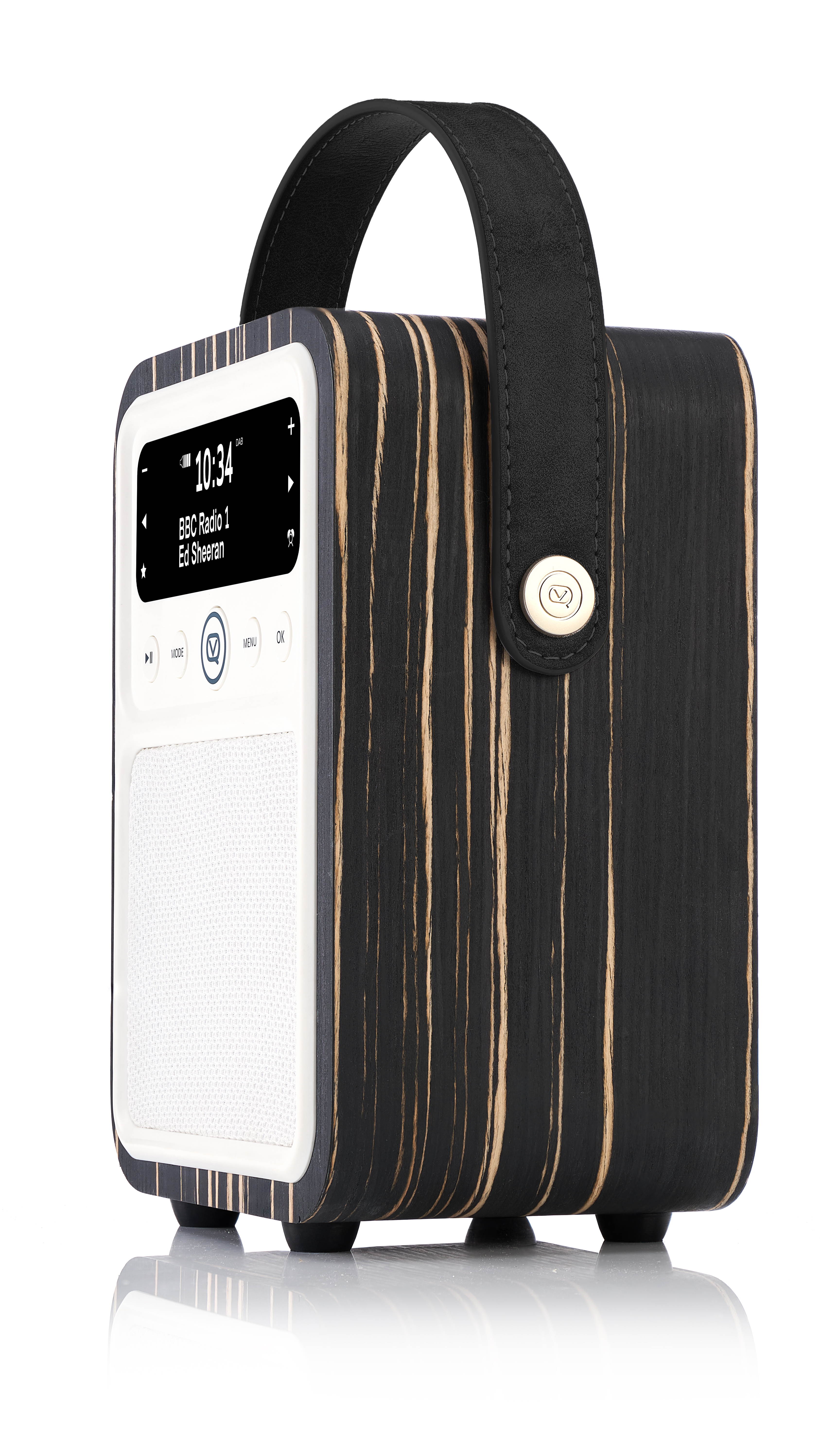 monty by vq | radio & bluetooth speaker with am/fm & hd radio, dual alarm clock, mains or battery  real wood black zebra case