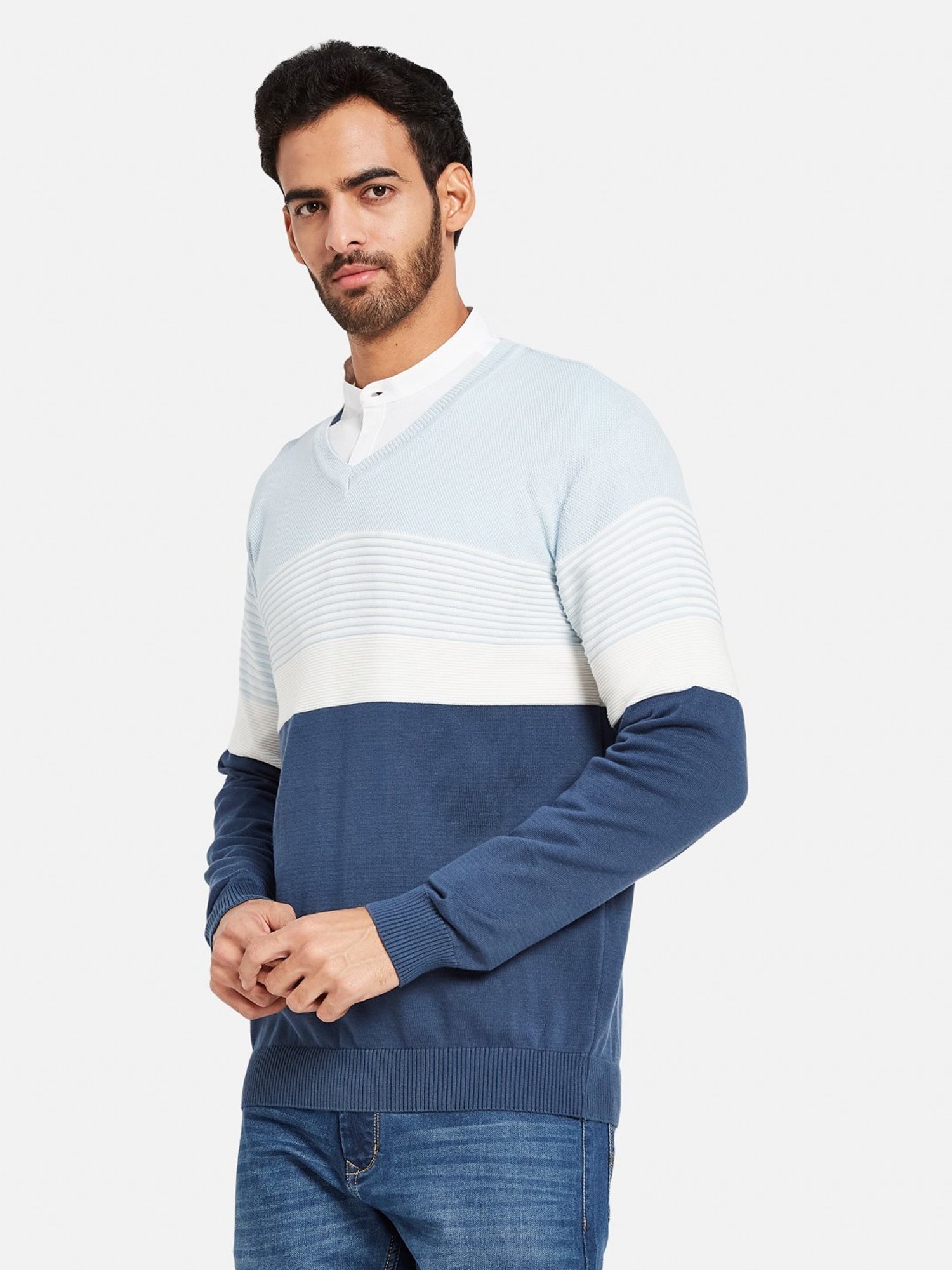 METTLE Sky Blue Cotton Regular Fit Striped Sweater