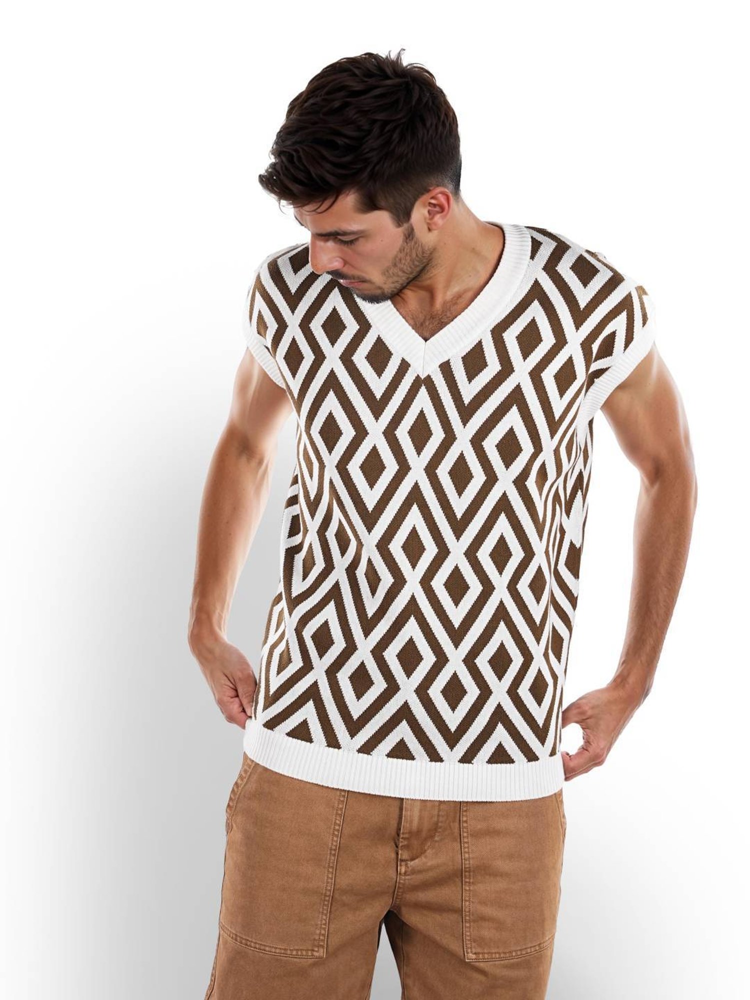 Celio* Olive Regular Fit Printed Sweater