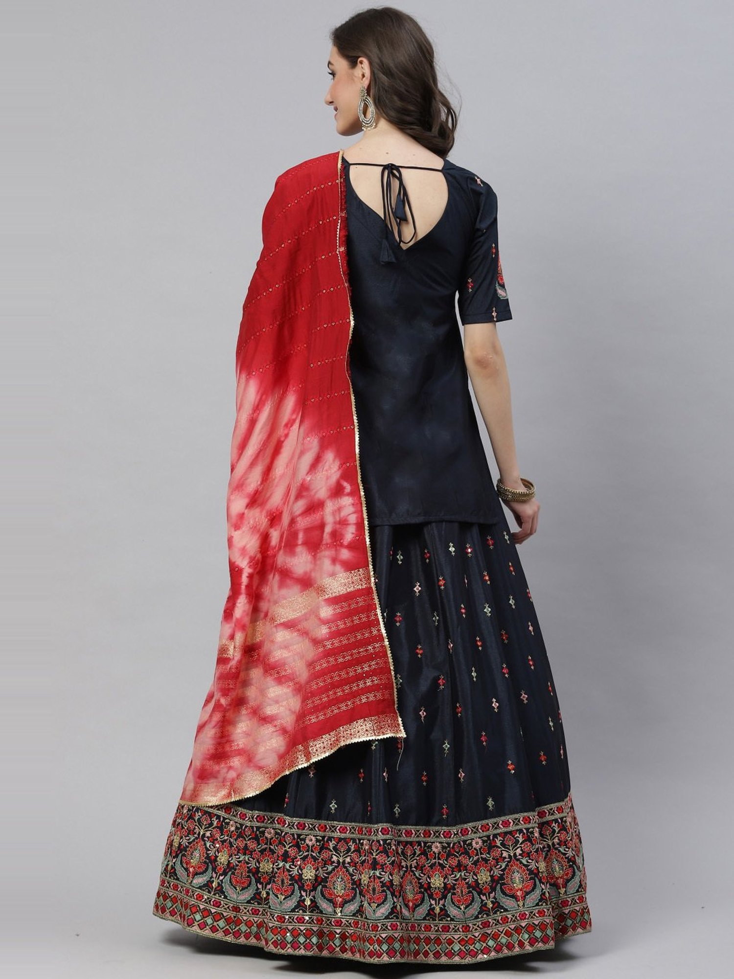SHUBHKALA Navy & Red Embroidered Lehenga and Choli Set With Dupatta