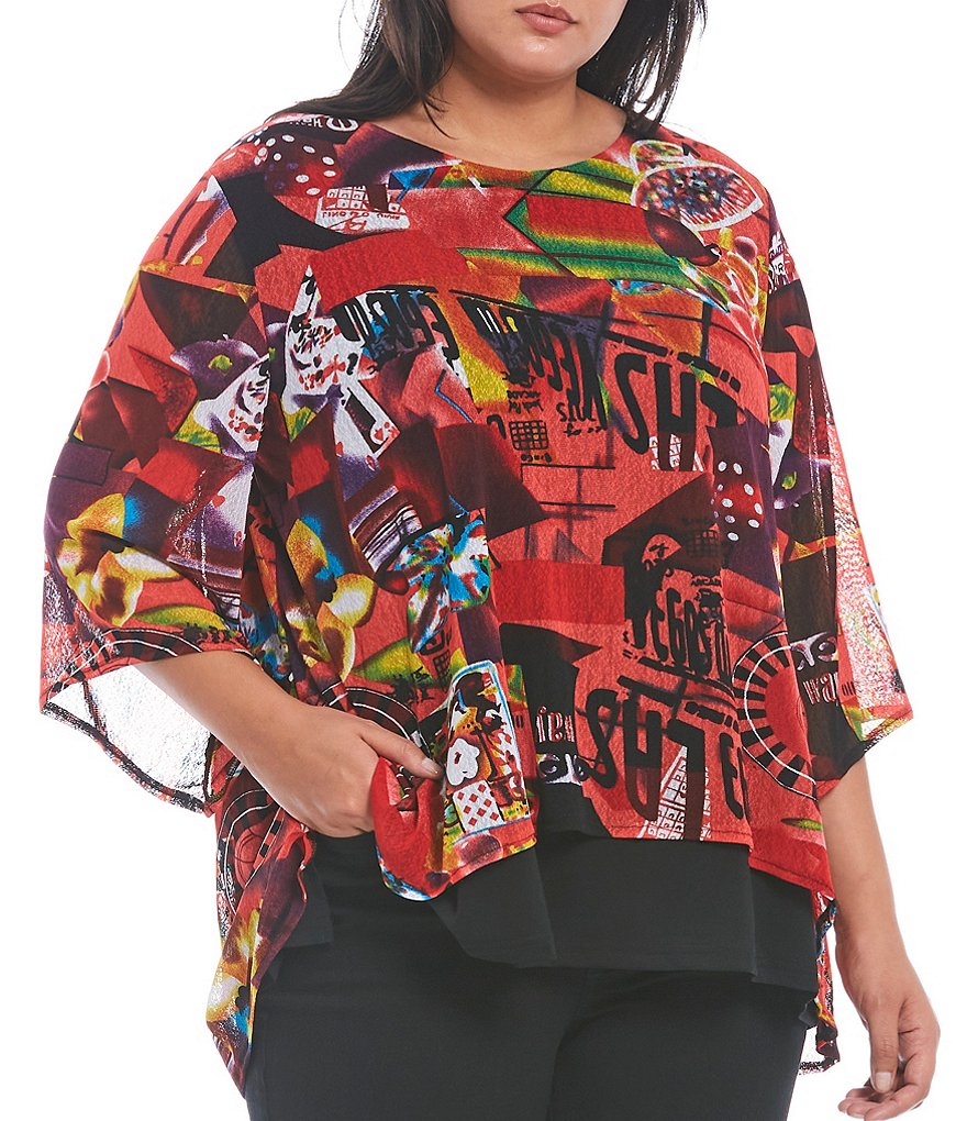Calessa Plus Size Multi Print Round Neck Flute 3/4 Sleeve Asymmetrical Overlay Hem Tunic