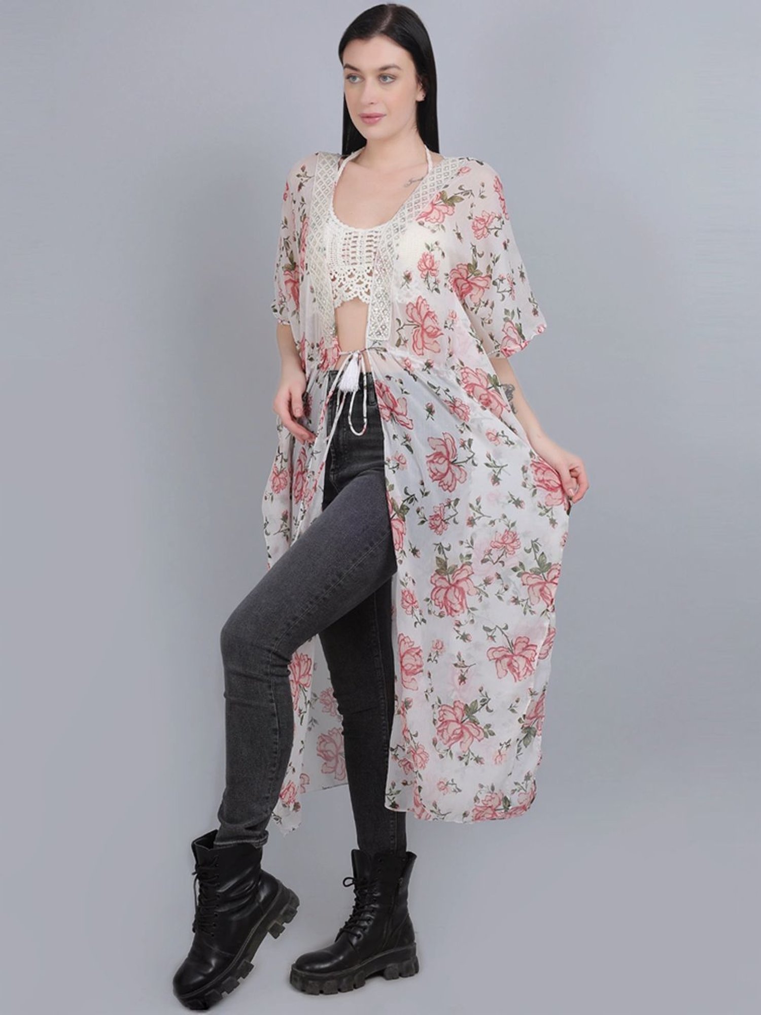 mod & shy White Printed Long Shrug