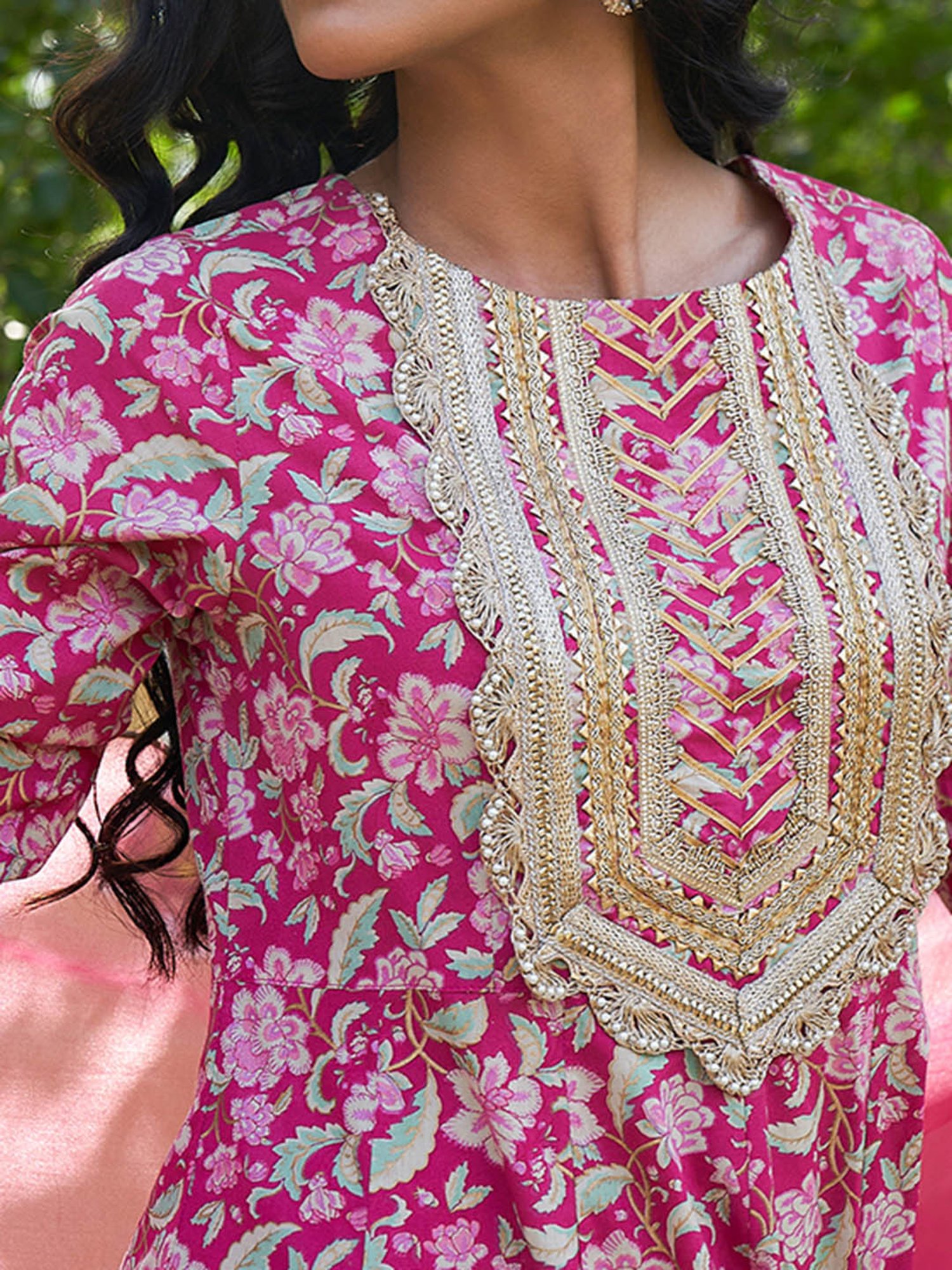 Janasya Pink Cotton Floral Print Kurta With Palazzo & Dupatta