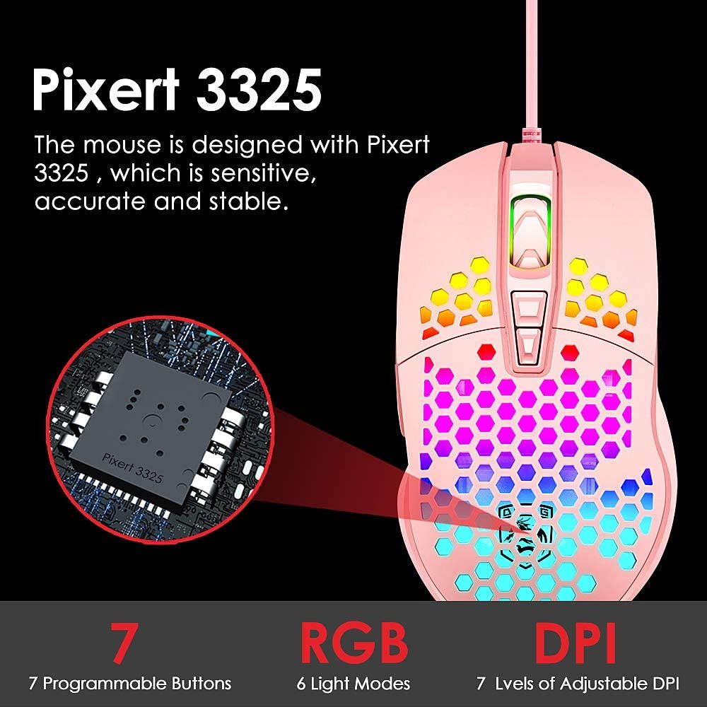 Lightweight Gaming Mouse Wired Honeycomb Hollow RGB Streamer 6400 DPI Programming Optical Sensor Pixert 3325 78G for PC X-Box PS4 Gamer