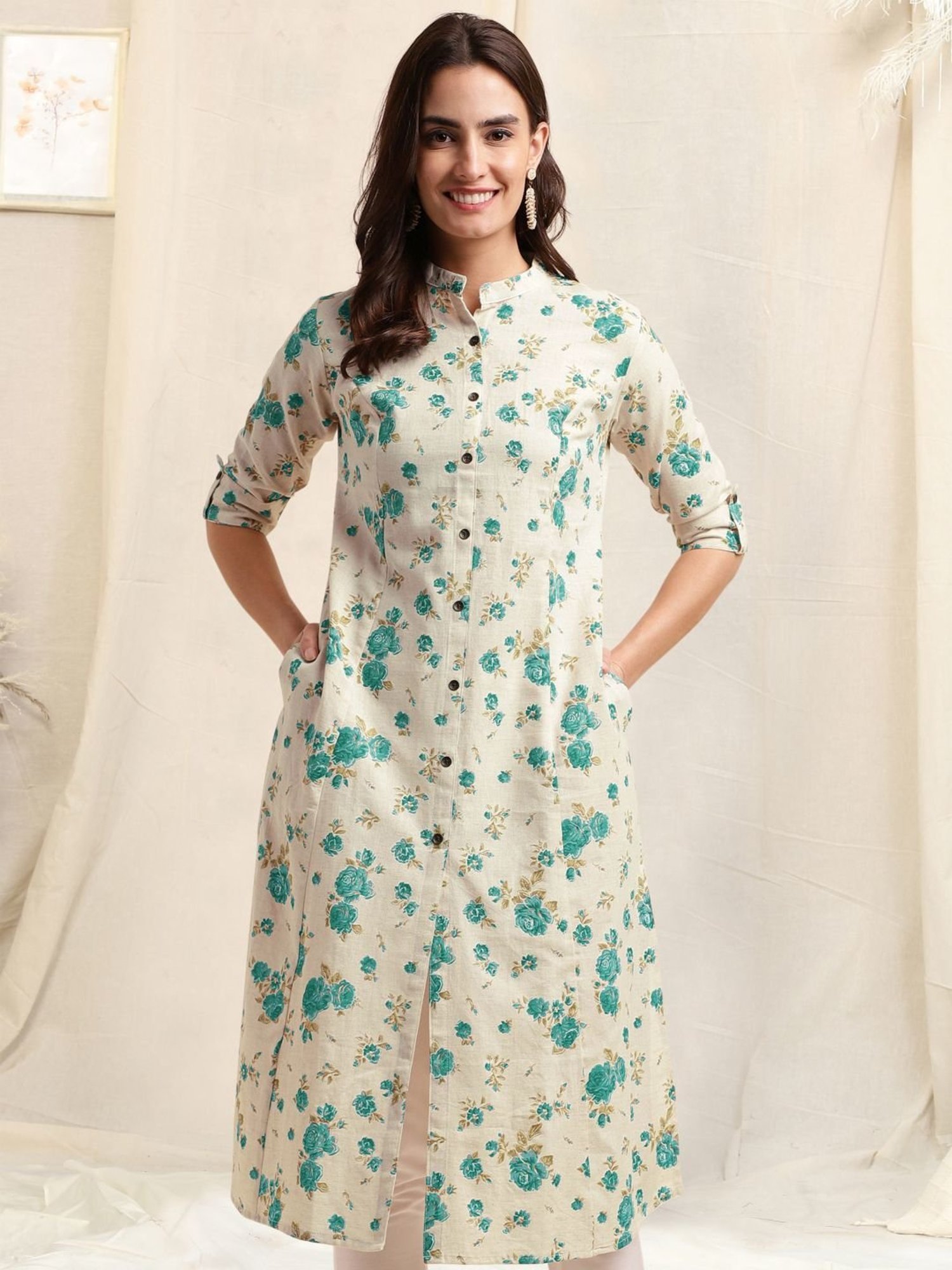 MIRCHI FASHION Beige Cotton Floral Print Straight Kurta