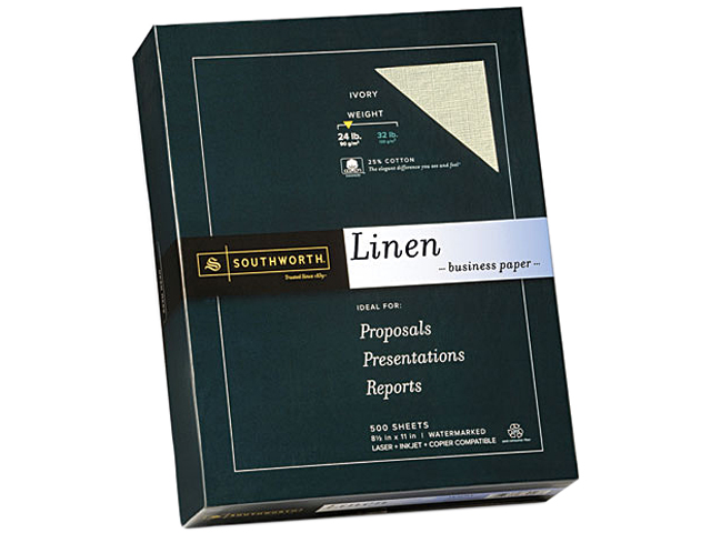 Southworth 564C 25% Cotton Linen Business Paper, 24 lbs., 8-1/2 x 11, Ivory, 500/Box