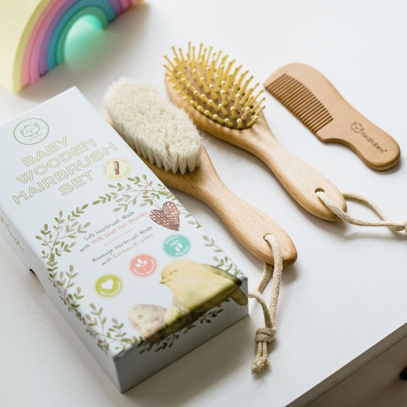 KeaBabies Baby Hair Brush and Comb 3-Piece Set for Newborn, Beige