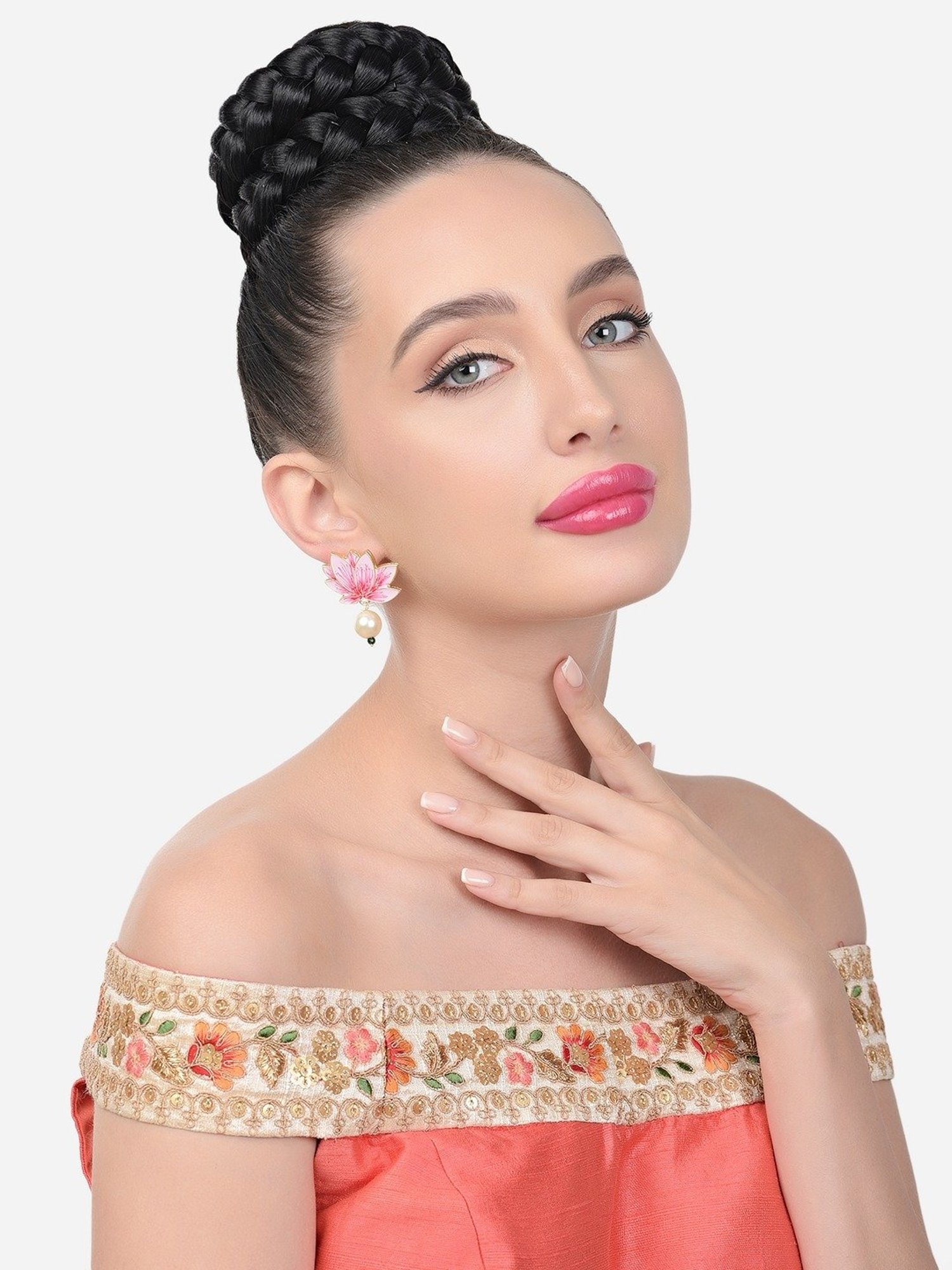 Zaveri Pearls Pink Meenakari Flower Pearl Drop Earrings-ZPFK15562