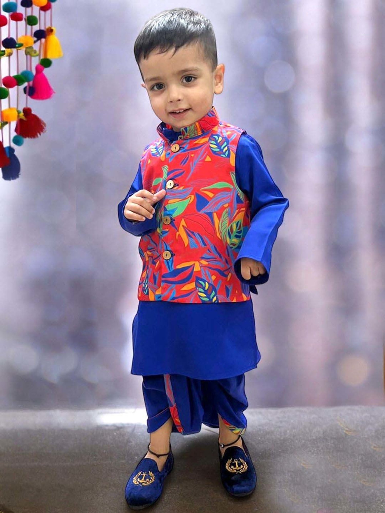 A.T.U.N. Boys Royal Blue & Orange Printed Full Sleeves Kurta Set
