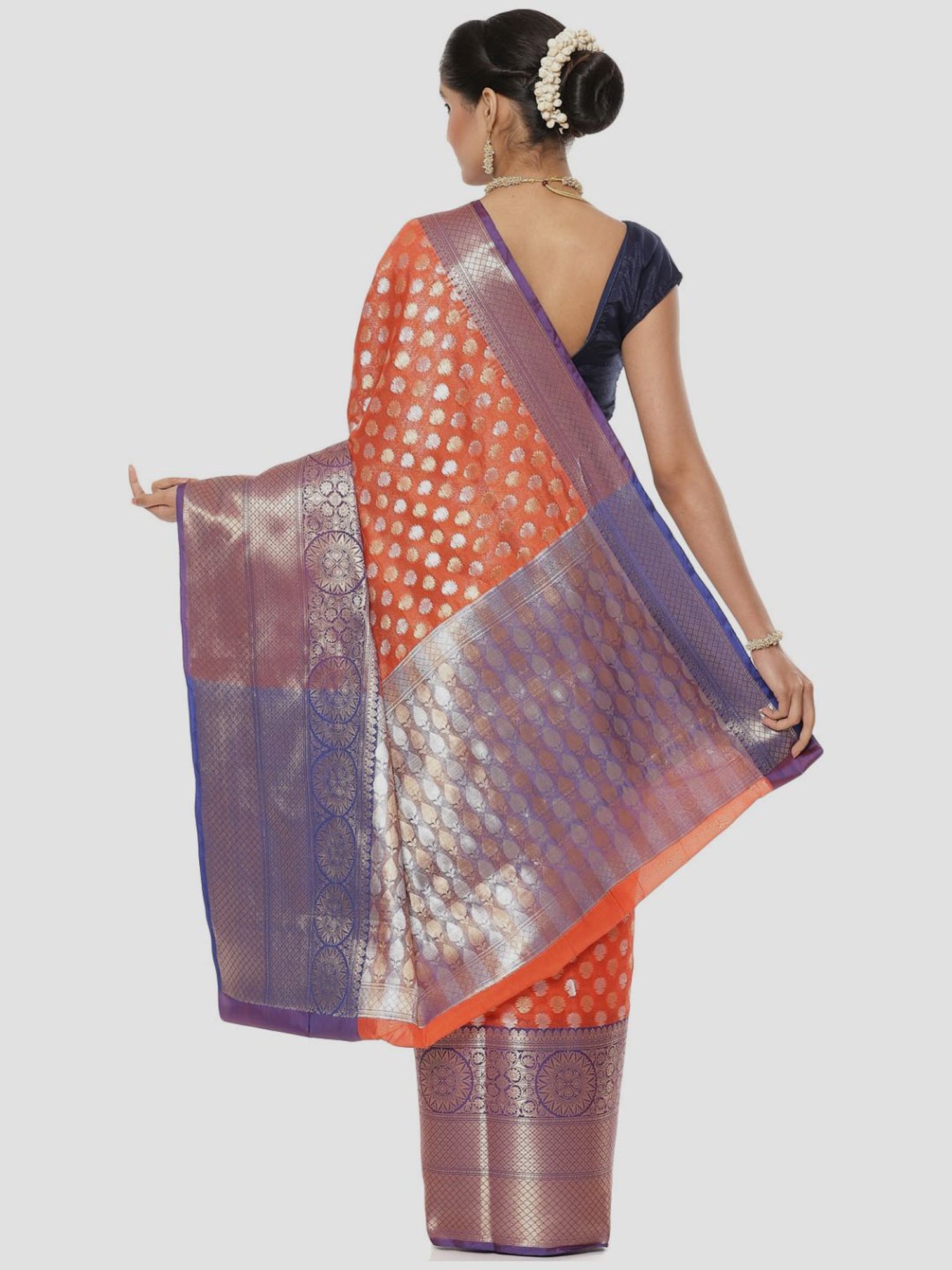Banarasi Silk Works Orange Woven Saree With Unstitched Blouse