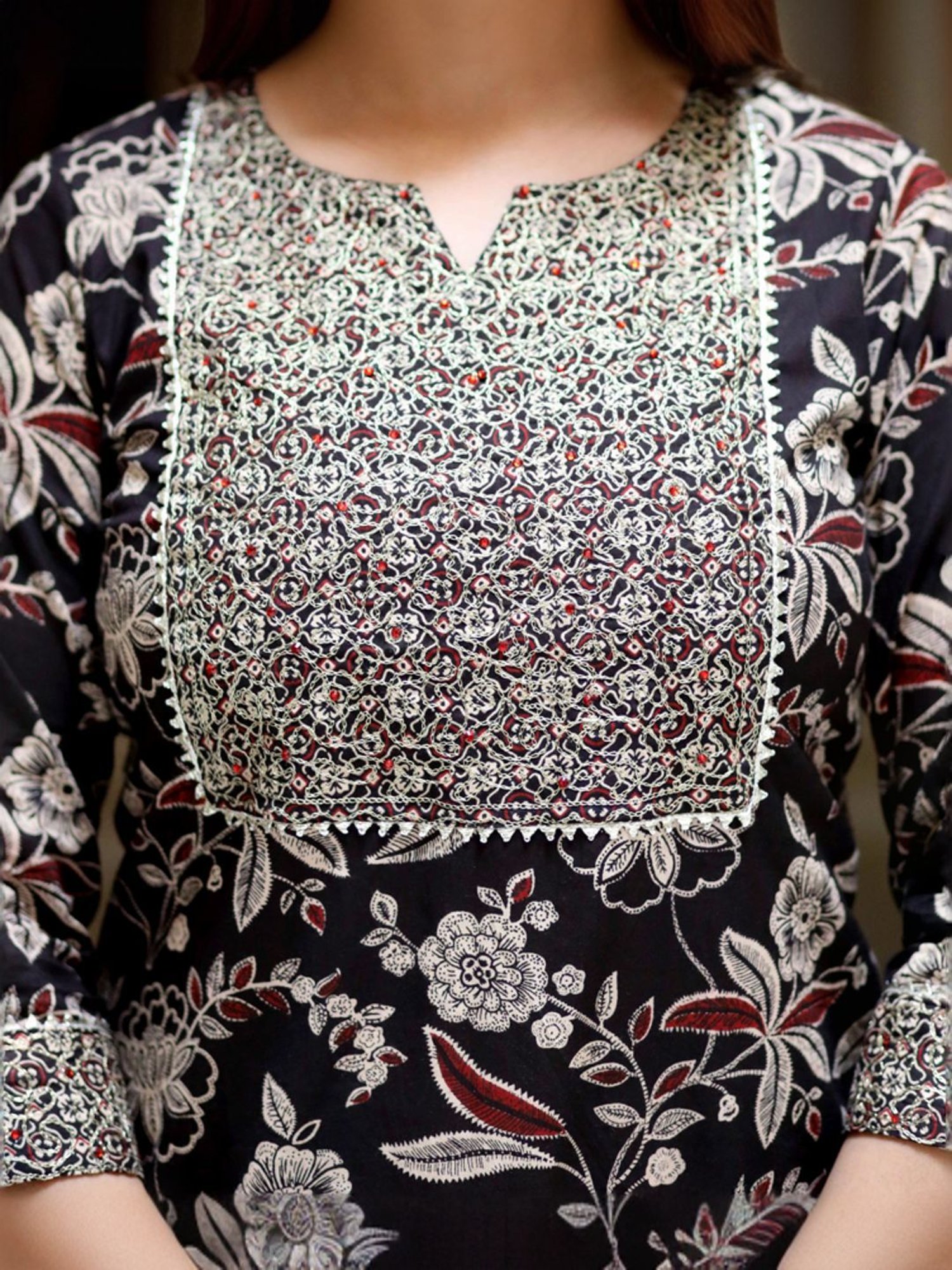 Miravan Black Cotton Embroidered Kurta Palazzo Set