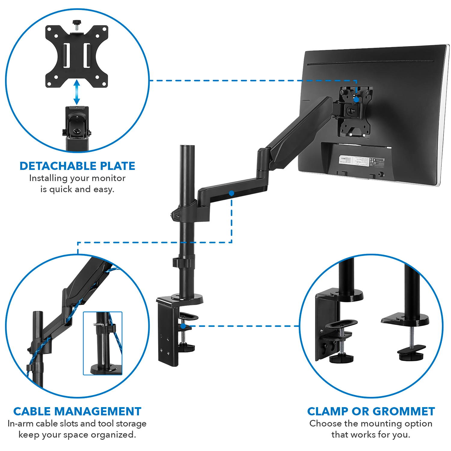Mount-It! Single Monitor Arm Mount | Full Motion Height Adjustable Gas Spring Arm | Fits 19-32 Inch Screens