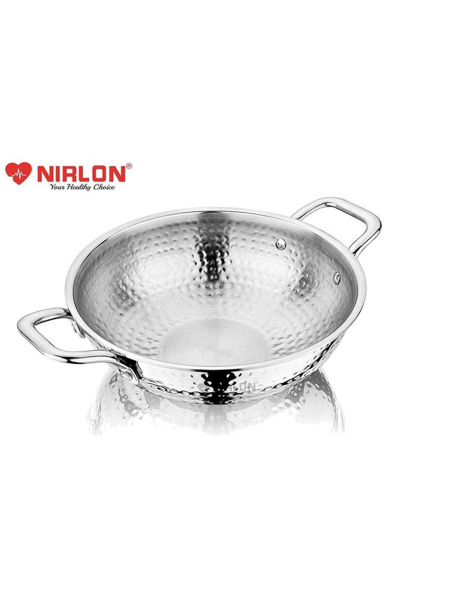 Nirlon Silver Stainless Steel 20 cm Induction & Gas Hammered Tri-Ply Deep Kadhai With Lid (1.5 L)