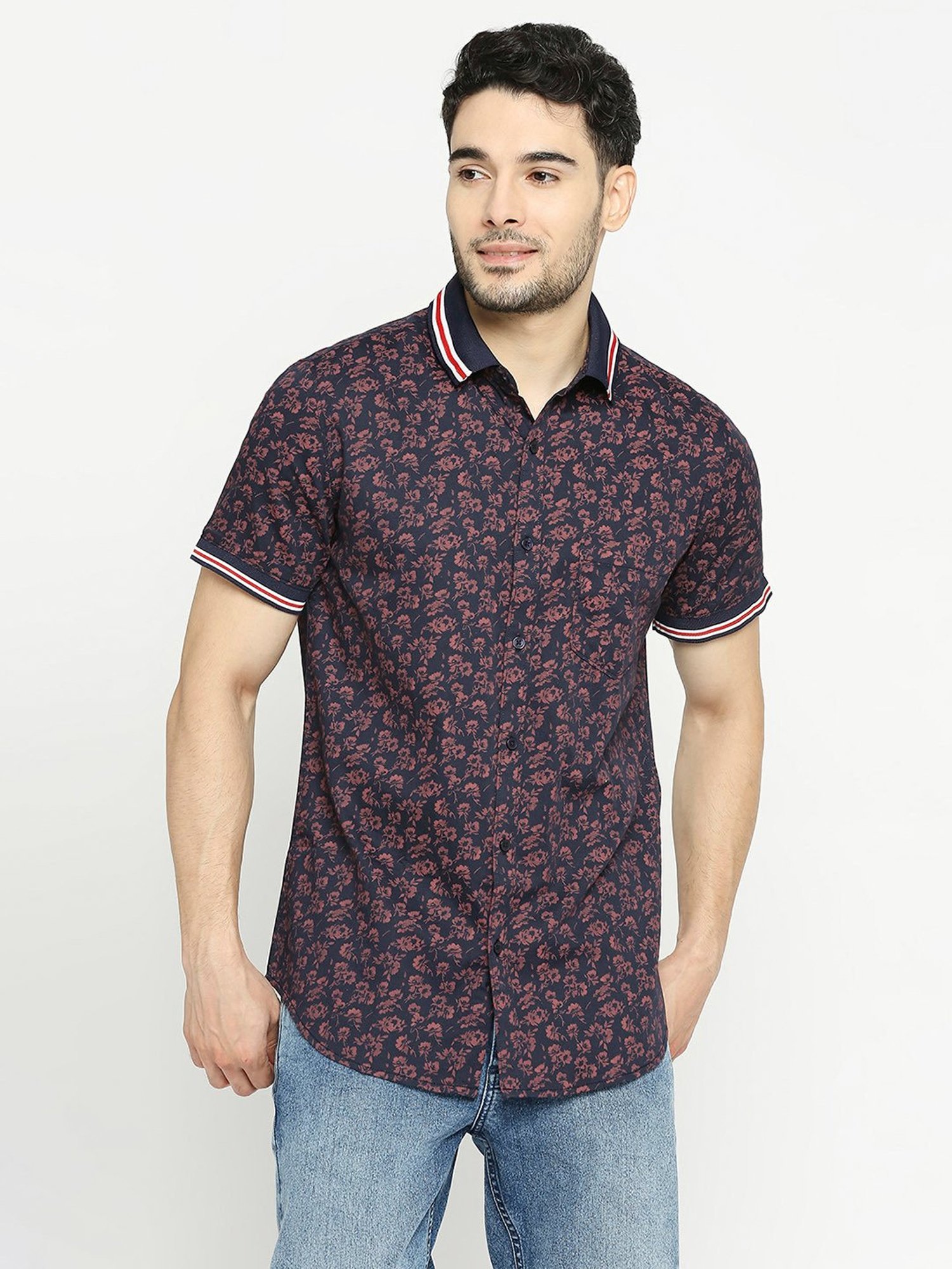 SOLEMIO Navy Slim Fit Printed Shirt