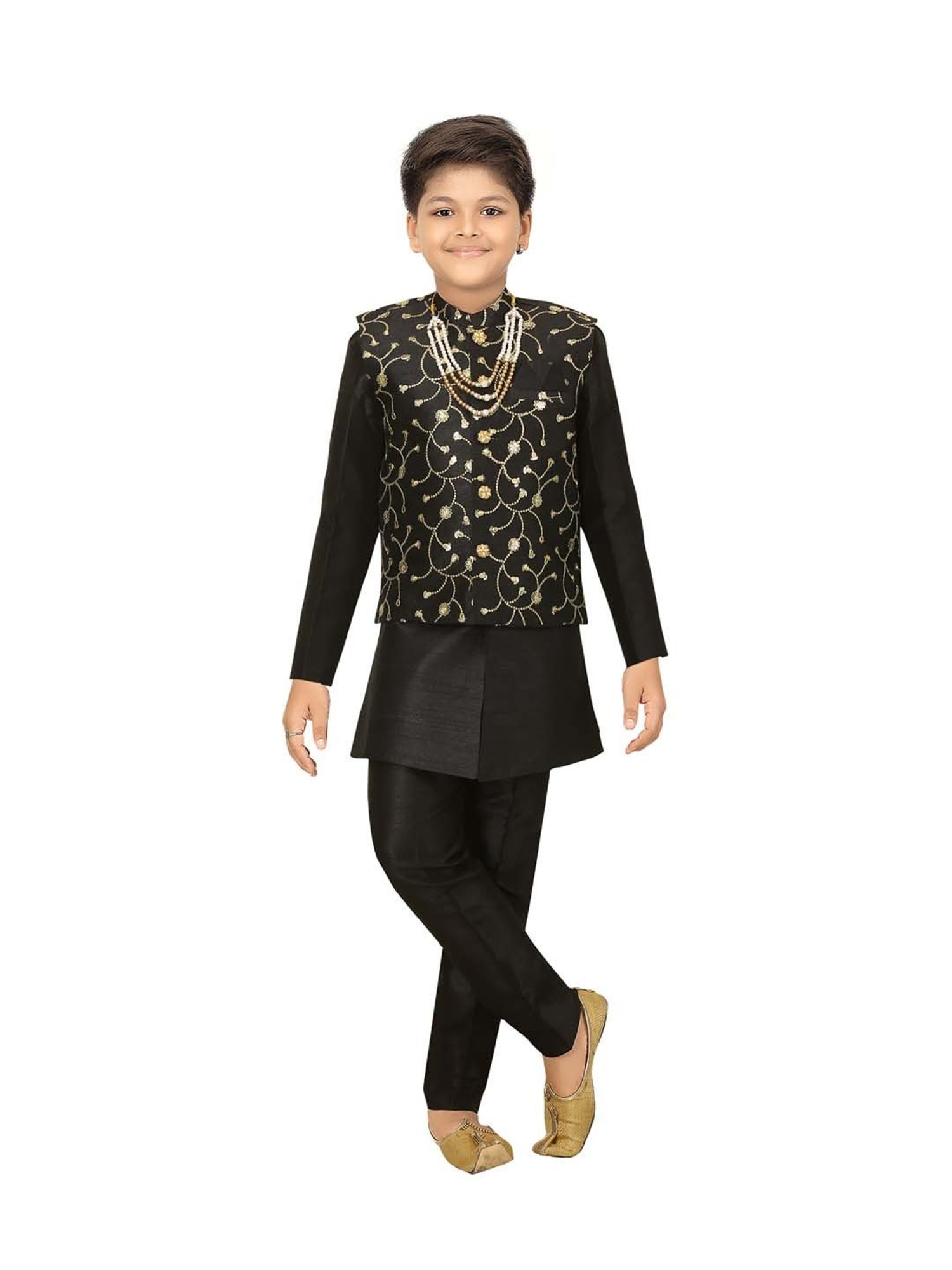 Ahhaaaa Kids Black Cotton Embroidered Full Sleeves Kurta Set