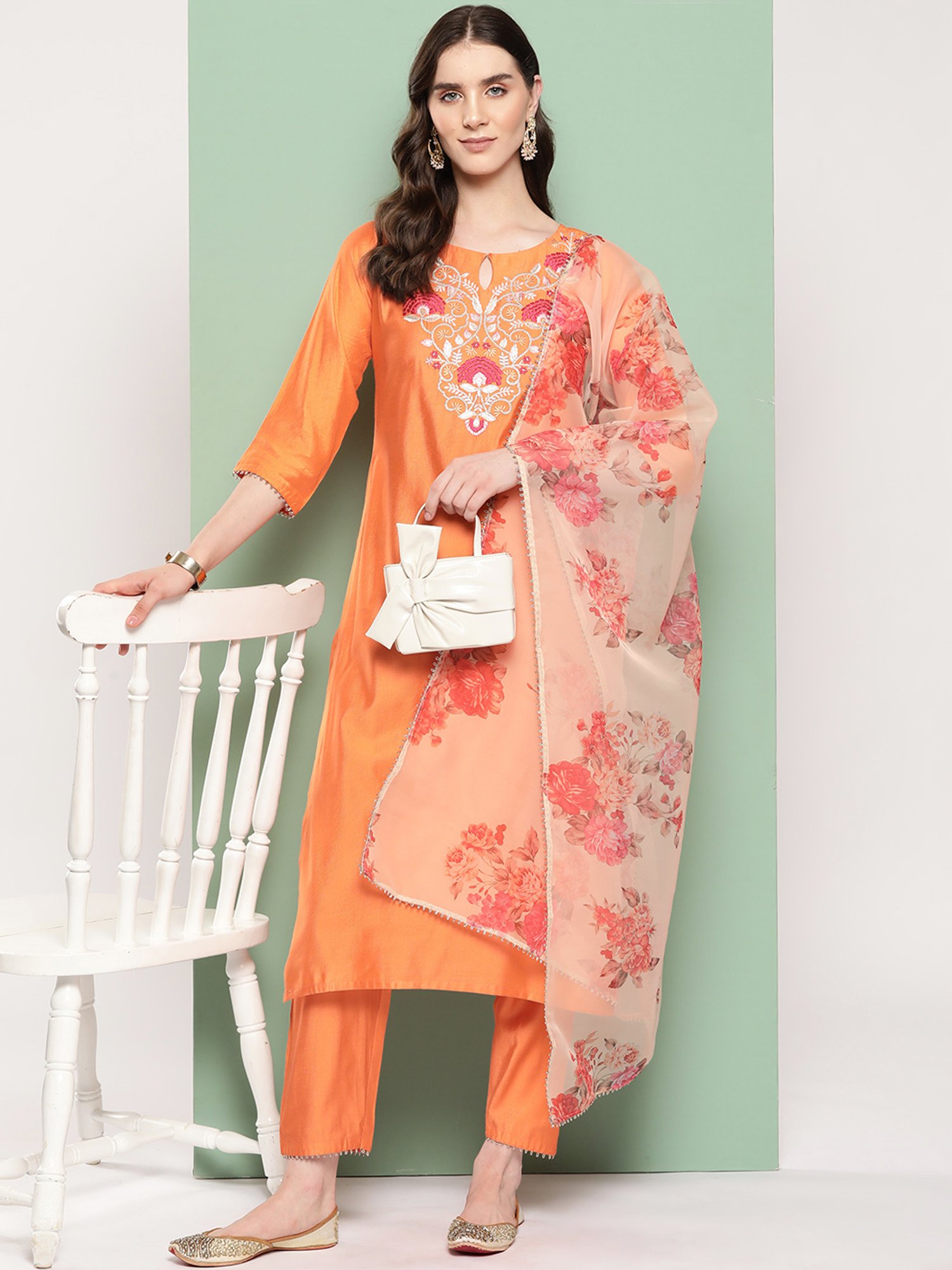 Indo Era Orange Embroidered Kurta With Pant & Dupatta